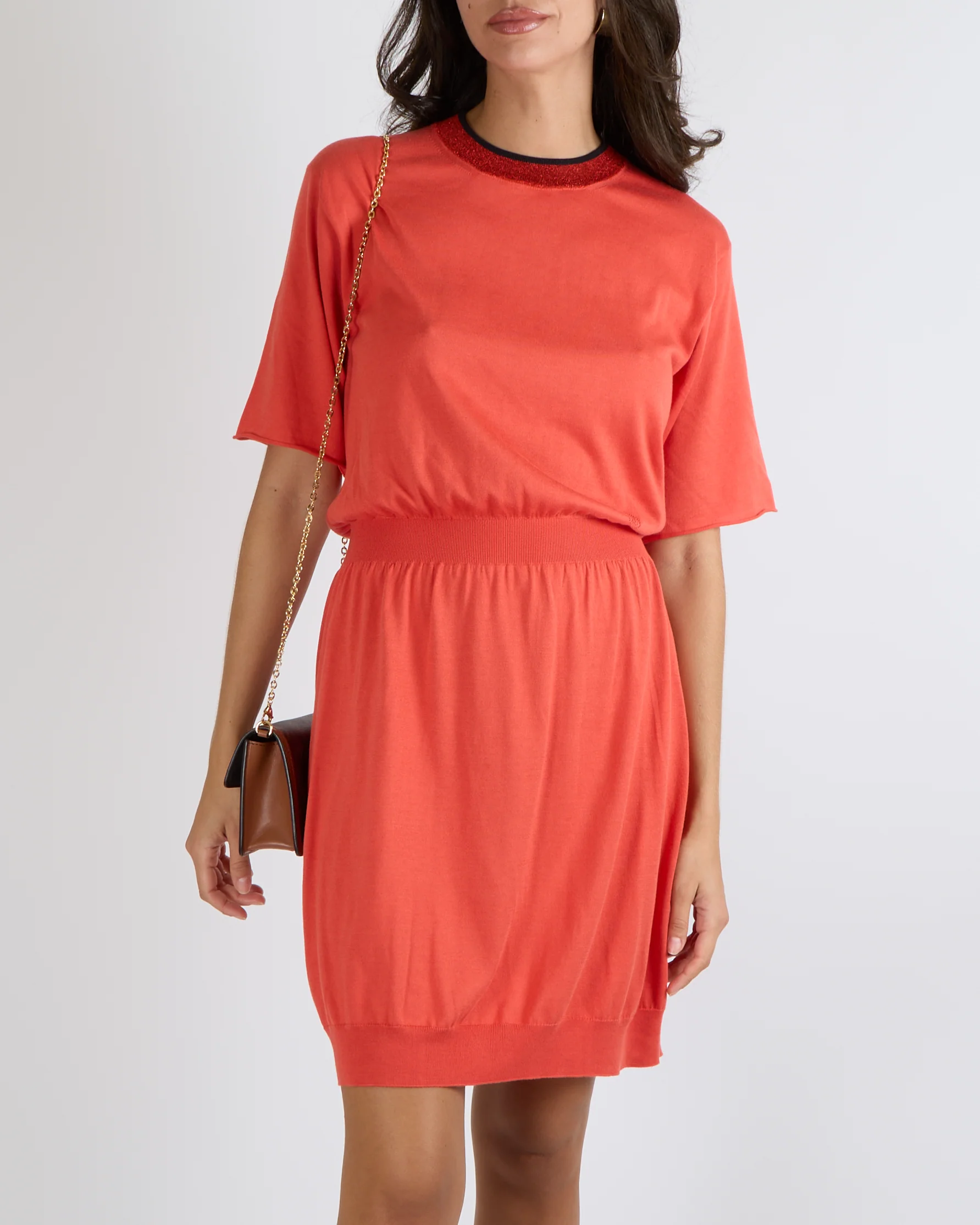 Louis Vuitton Coral Red Silk Blend Short-Sleeved Mini Dress with Shimmery Round Neck Detail and Perforated Logo Size S (UK 8) - Image 2