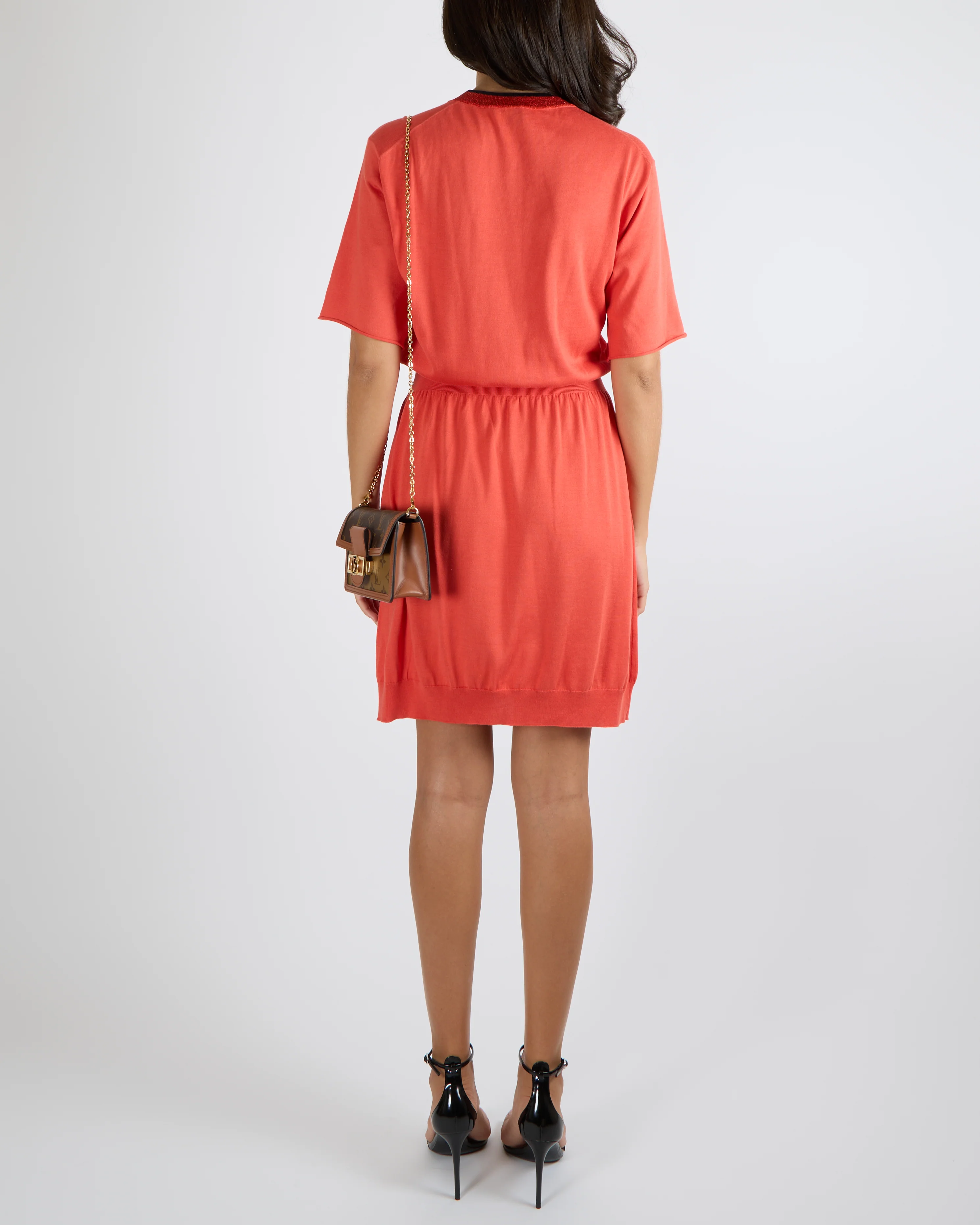 Louis Vuitton Coral Red Silk Blend Short-Sleeved Mini Dress with Shimmery Round Neck Detail and Perforated Logo Size S (UK 8) - Image 3