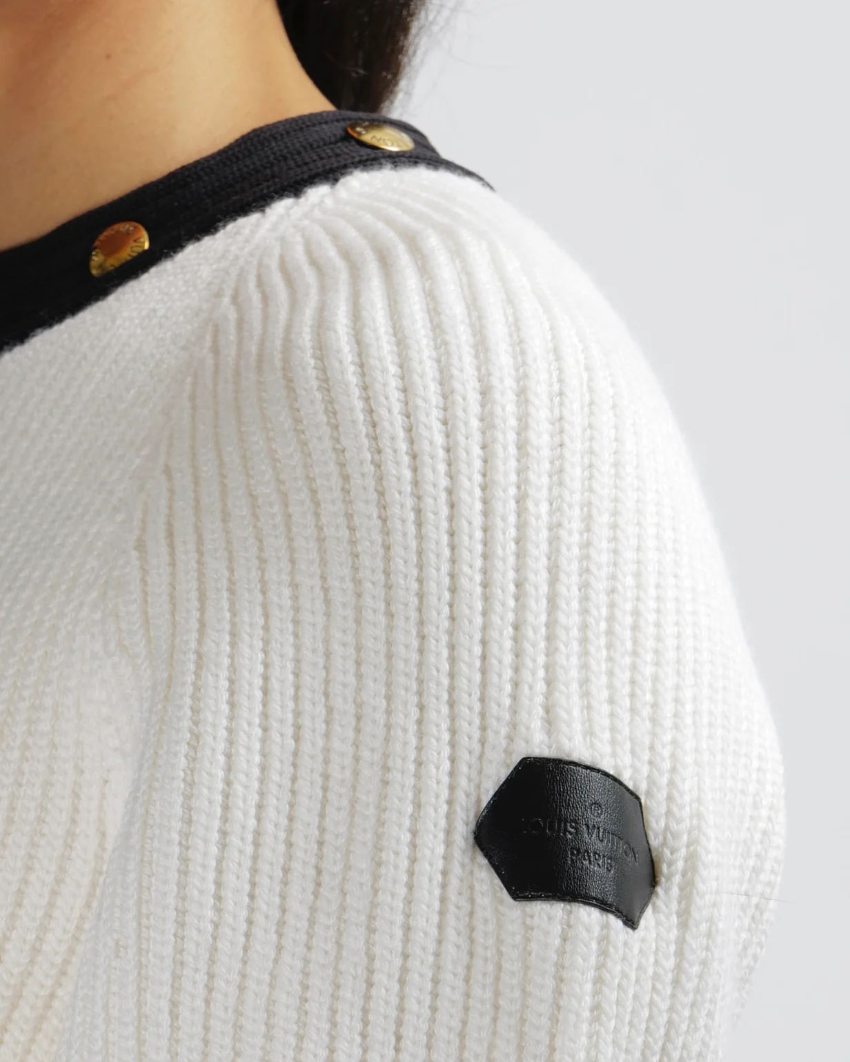 Louis Vuitton Cream Knitted Jumper with Black Neckline with Gold Logo Buttons and Black Leather Logo Sleeve Patch Detail Size M (UK 10) - Image 5