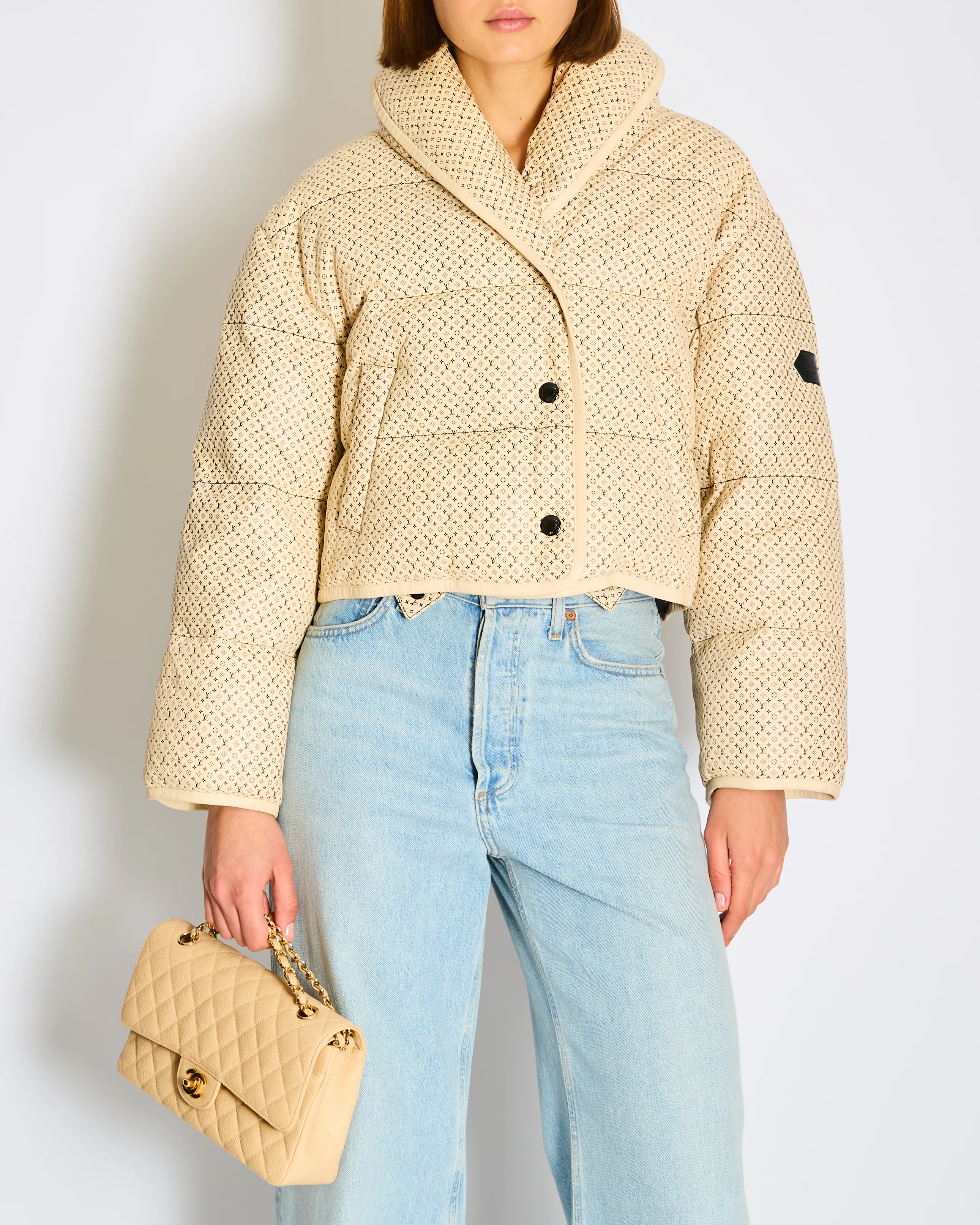 Louis Vuitton Cream Micro Monogram Cropped  Leather Puffer Jacket FR 36 (UK 8)