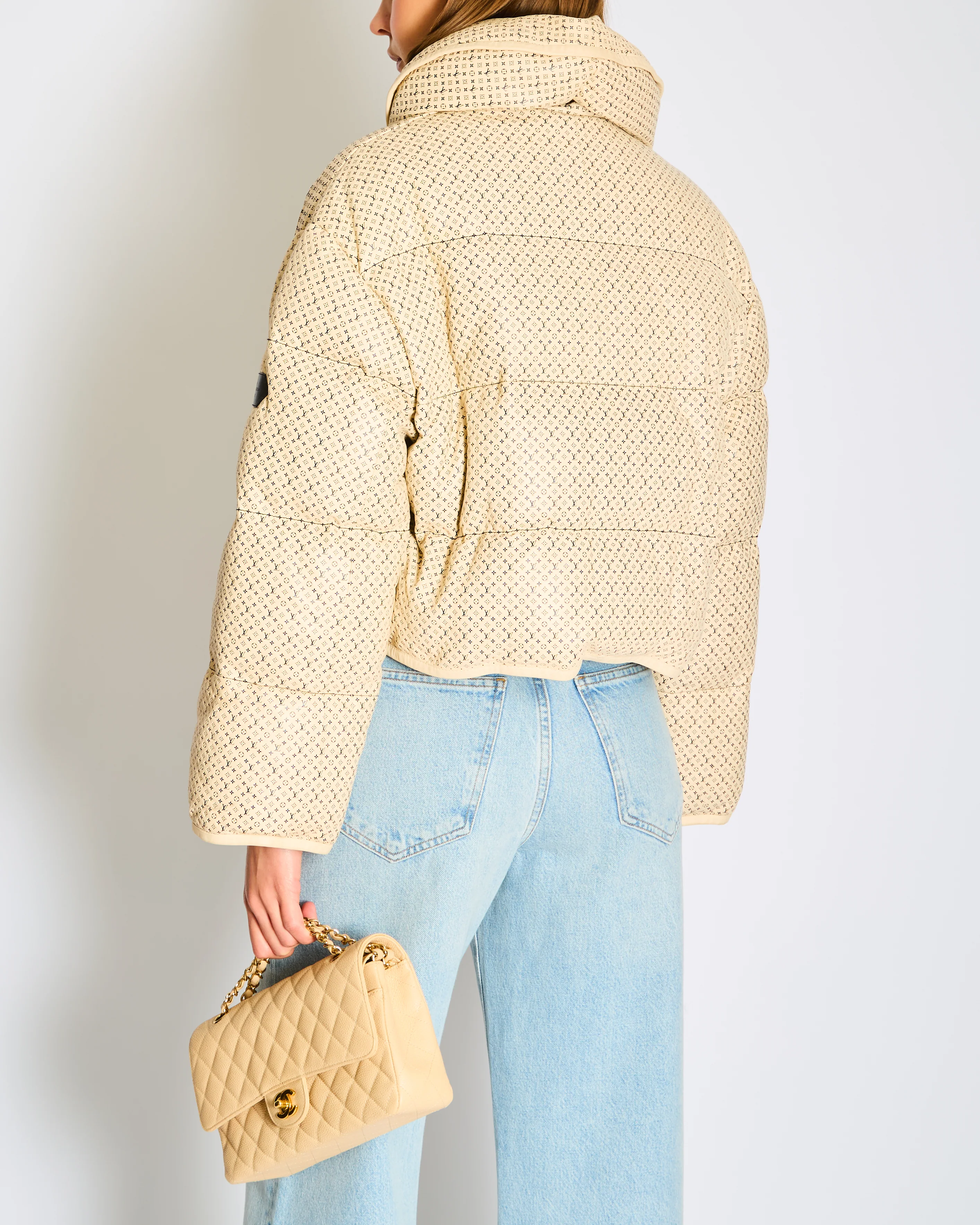 Louis Vuitton Cream Micro Monogram Cropped  Leather Puffer Jacket FR 36 (UK 8) - Image 4
