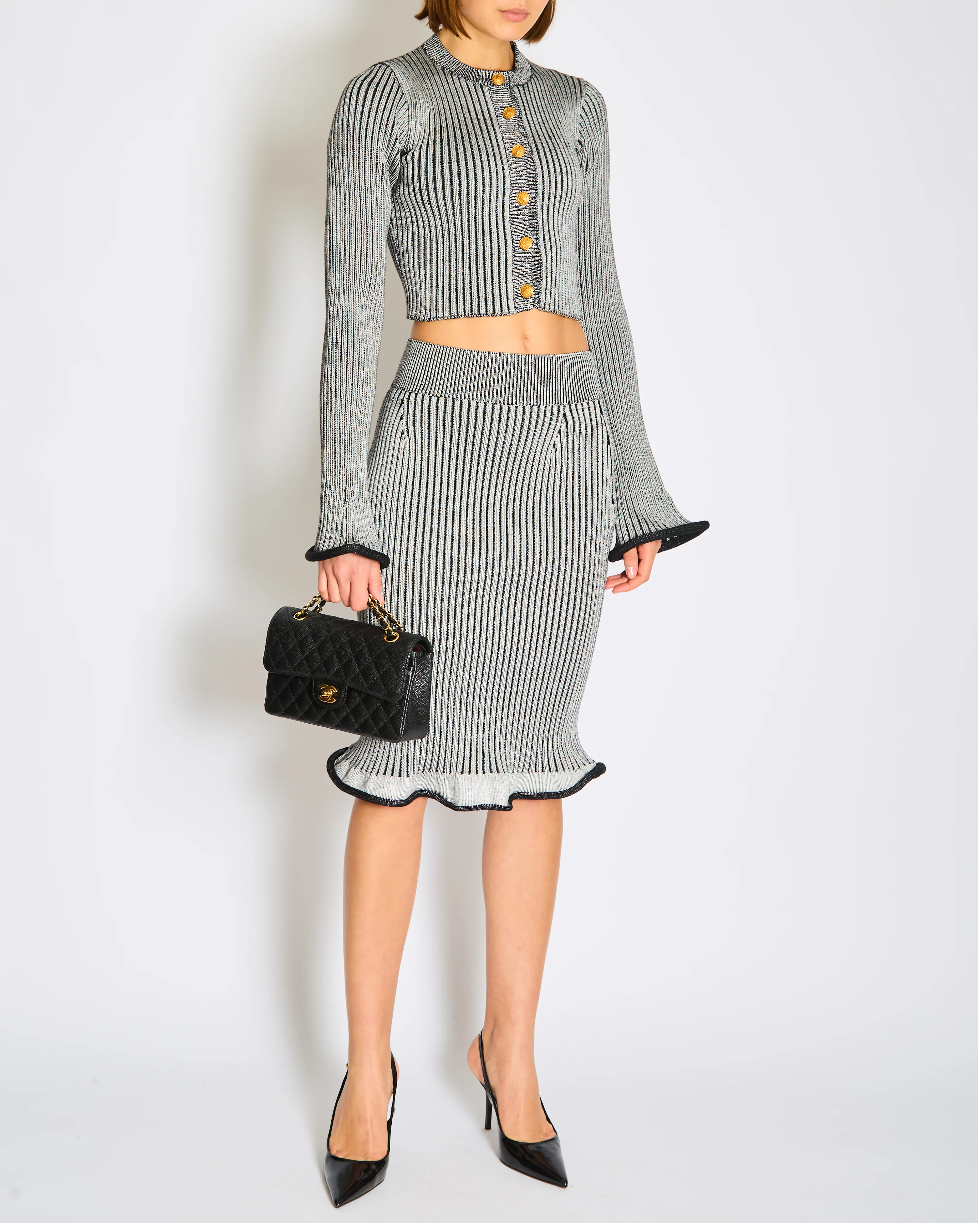 Louis Vuitton Grey Knitted Trumpet Cardigan Jacket with Matching Skirt Set Size XS (UK 6) - Image 2