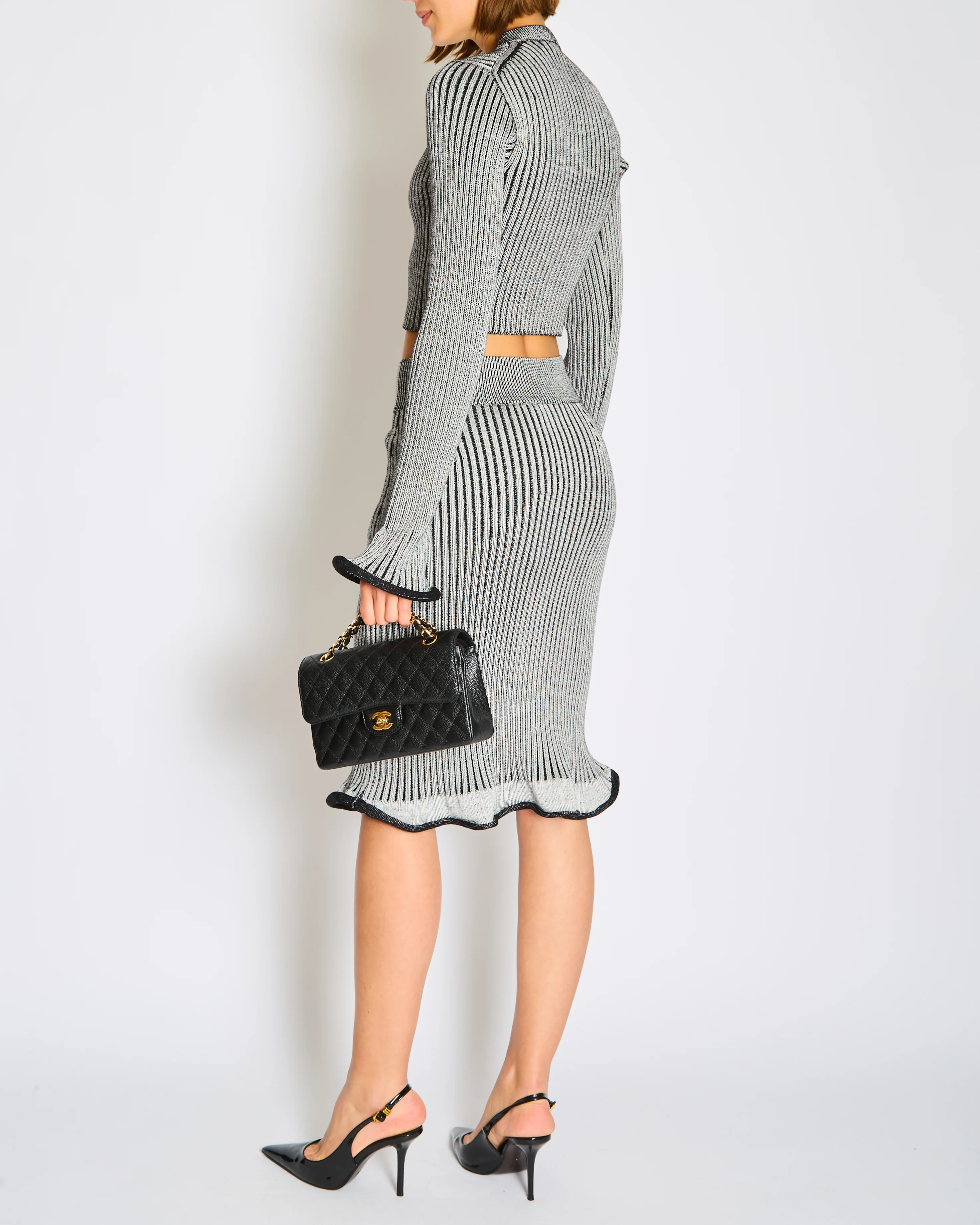 Louis Vuitton Grey Knitted Trumpet Cardigan Jacket with Matching Skirt Set Size XS (UK 6) - Image 3