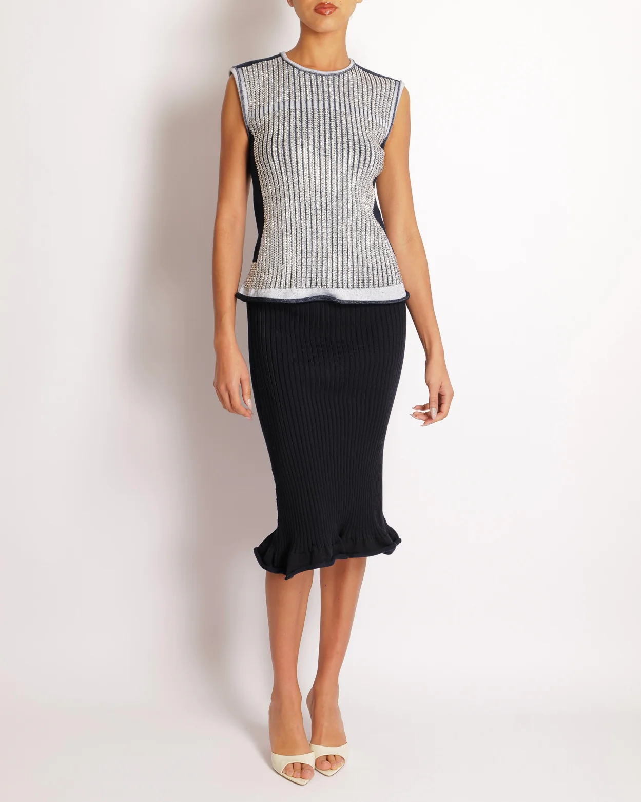 *RUNWAY* Louis Vuitton Fall 2015 Navy and White Knit Crystal Embellished Top and Skirt Set Size S/L (UK 8/12)
