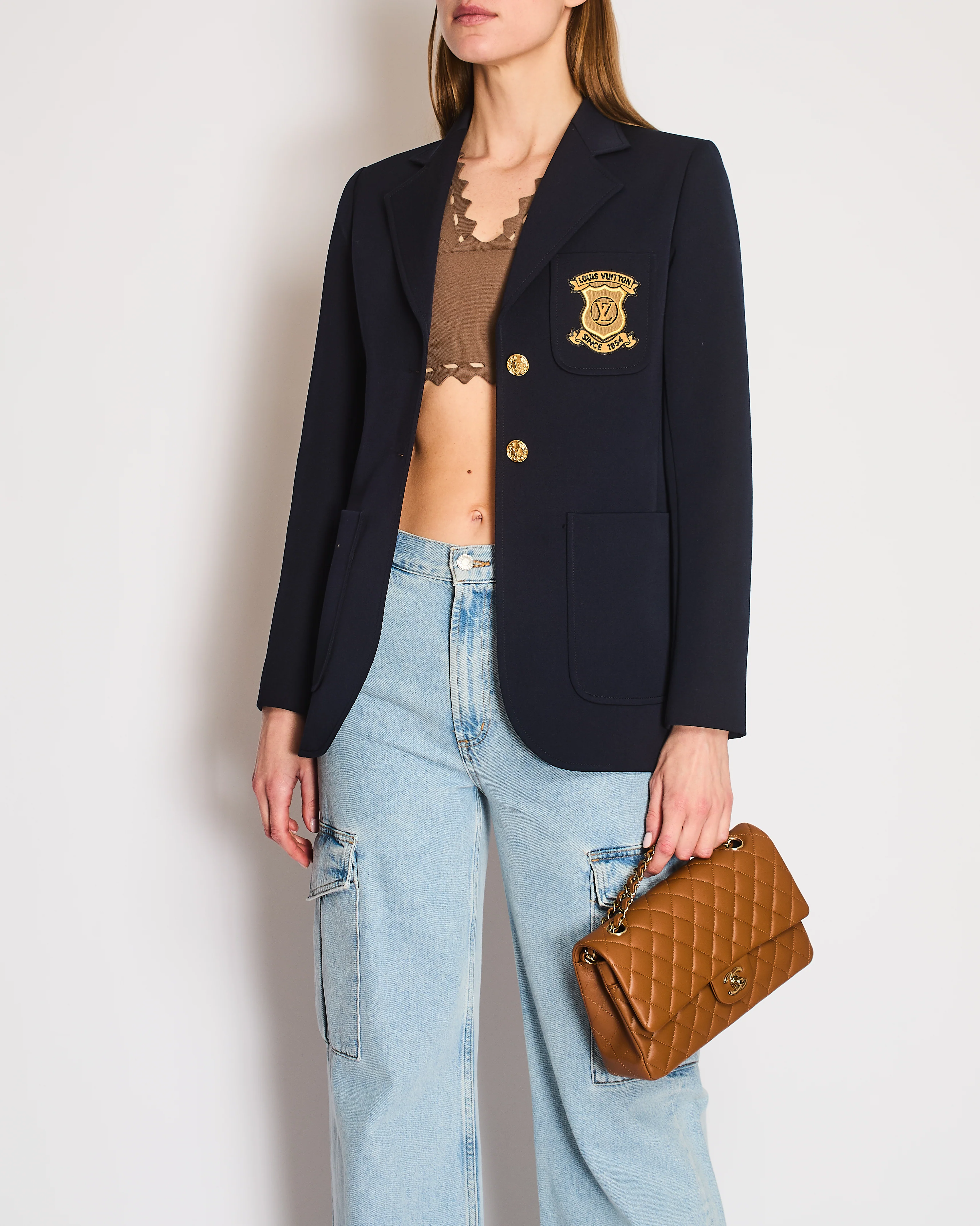 Louis Vuitton Navy Wool Blazer with Gold LV Buttons and Logo Patch Size FR 38 (UK 10)