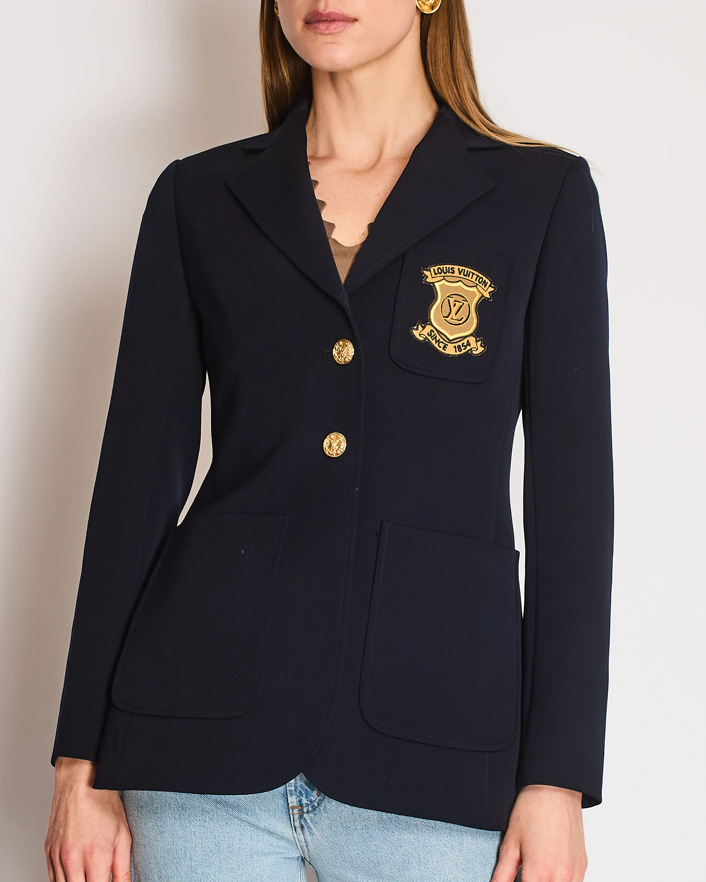 Louis Vuitton Navy Wool Blazer with Gold LV Buttons and Logo Patch Size FR 38 (UK 10) - Image 2