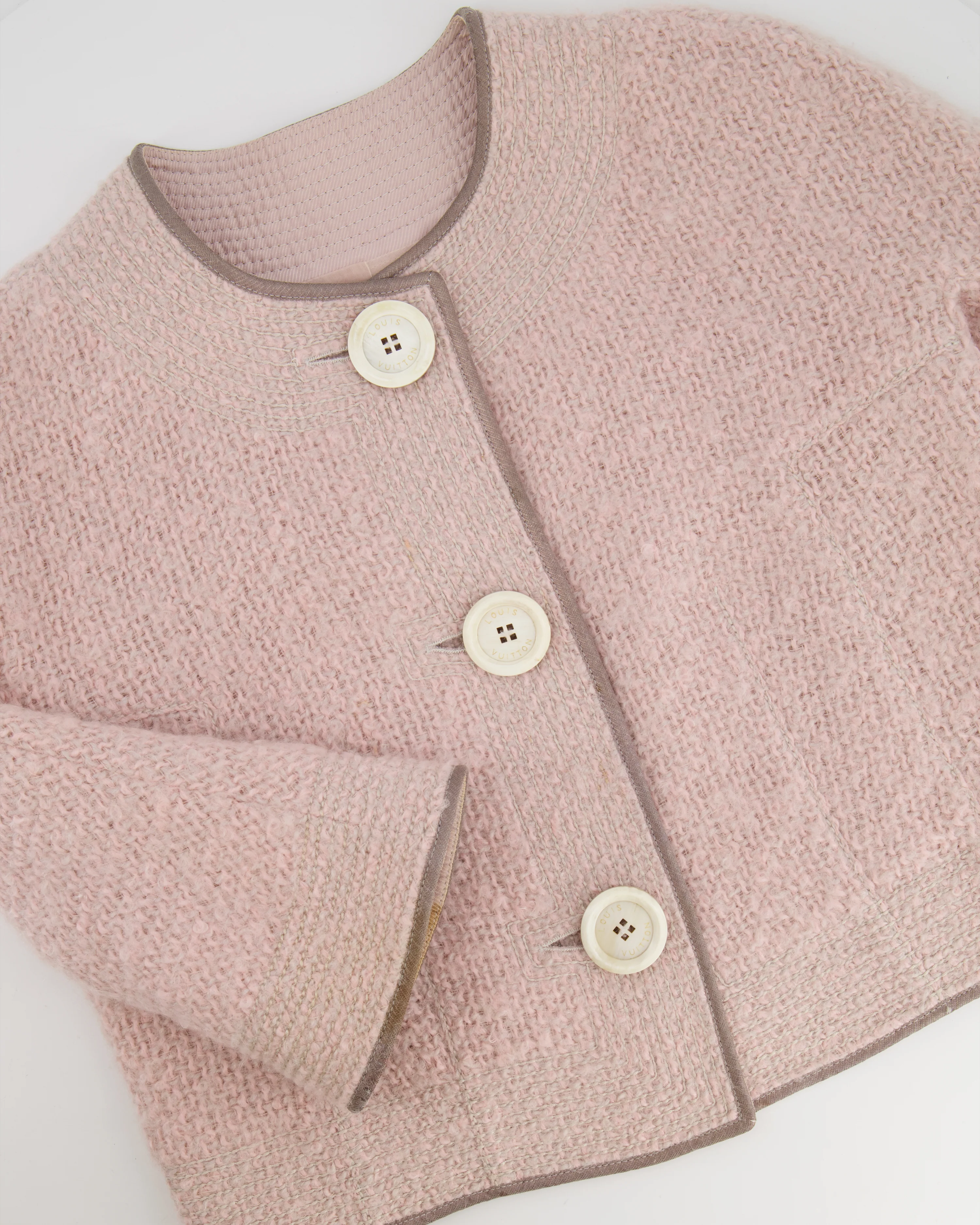 Louis Vuitton Pink Wool Tweed Jacket with Gold Detailing Size FR 38 (UK 10) - Image 3