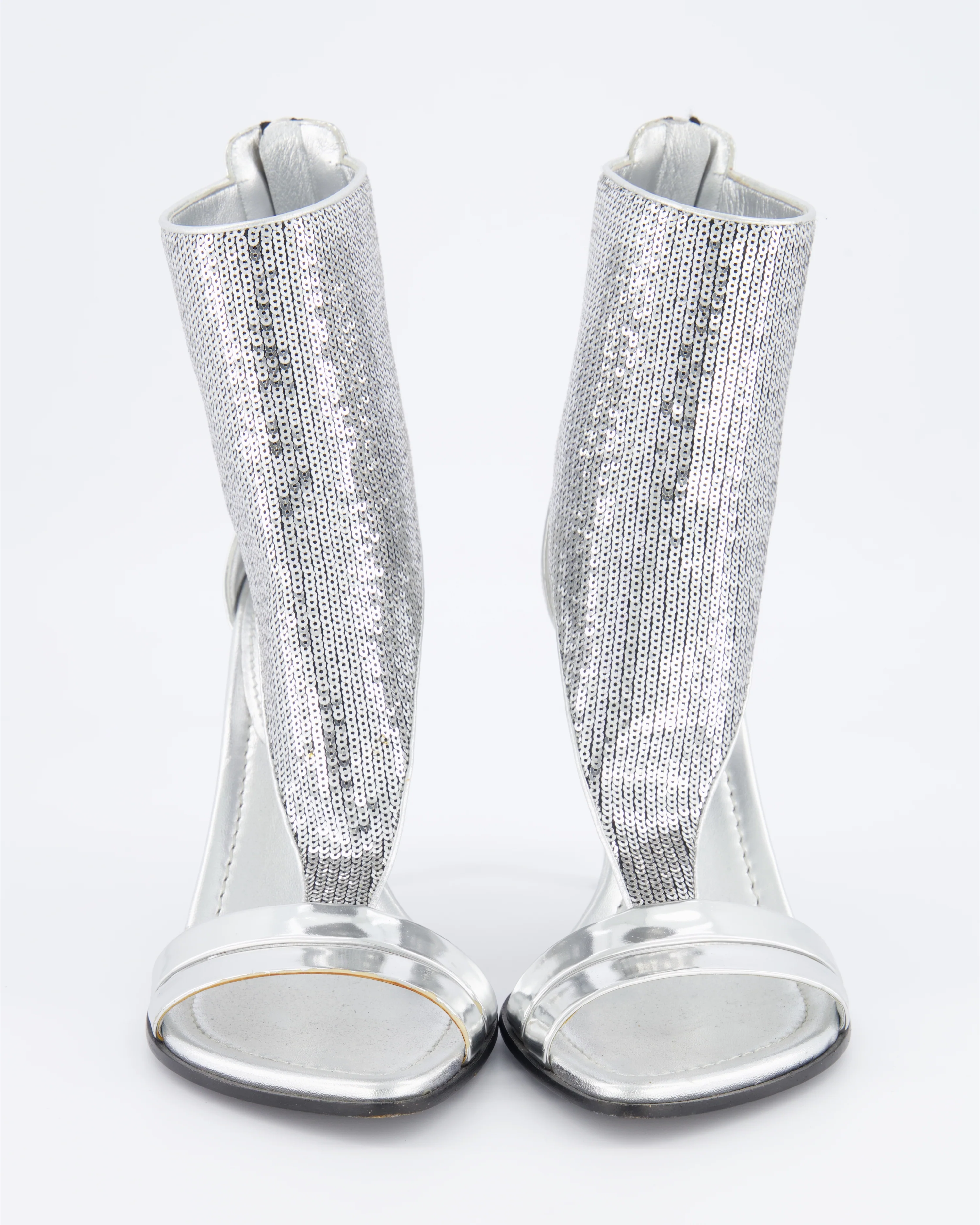 Louis Vuitton Silver Metallic Sequin Embellished Heeled Sandals Size EU 38.5 - Image 4