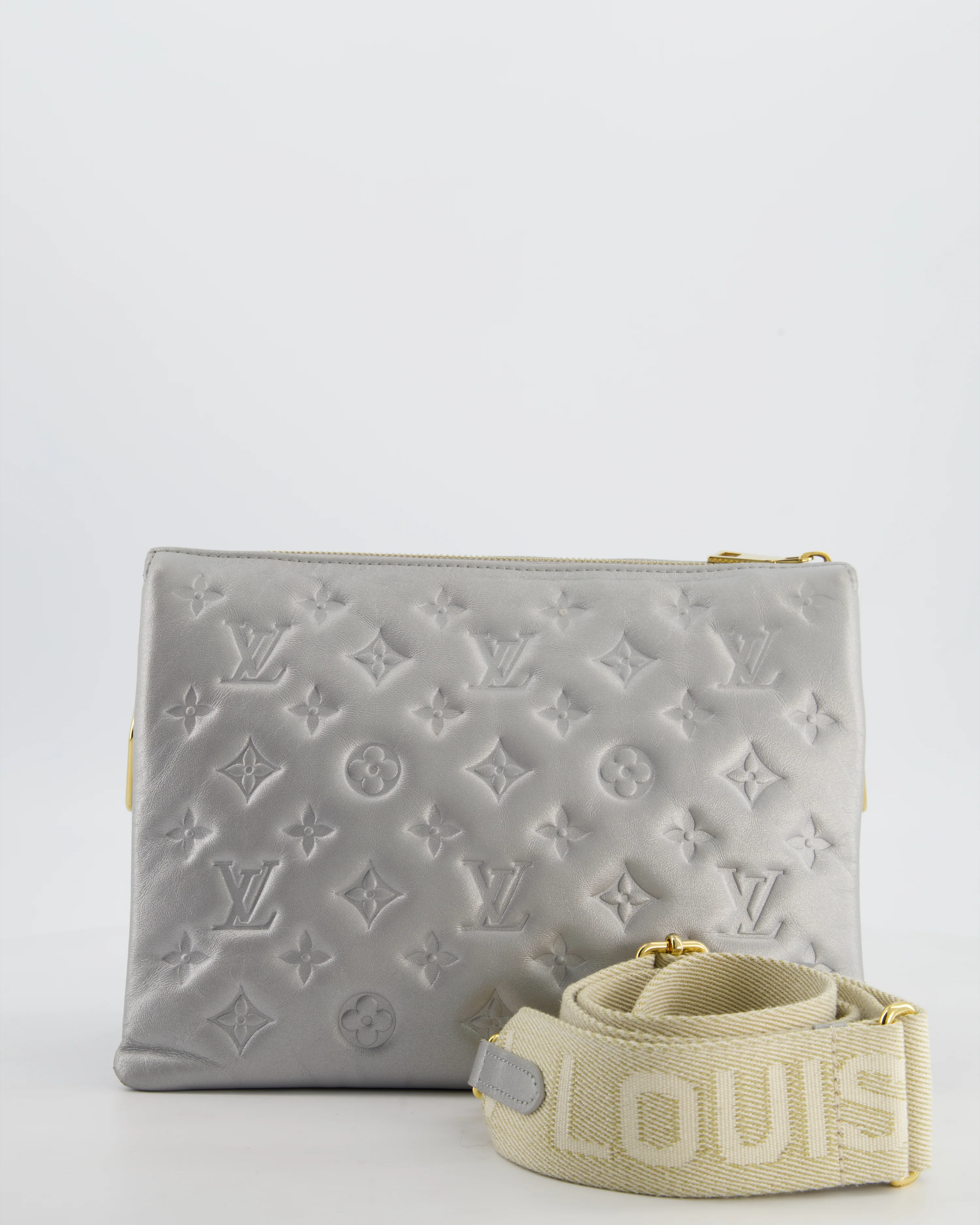 Louis Vuitton Silver Monogram Coussin PM Bag with Gold Hardware and Logo Canvas Strap