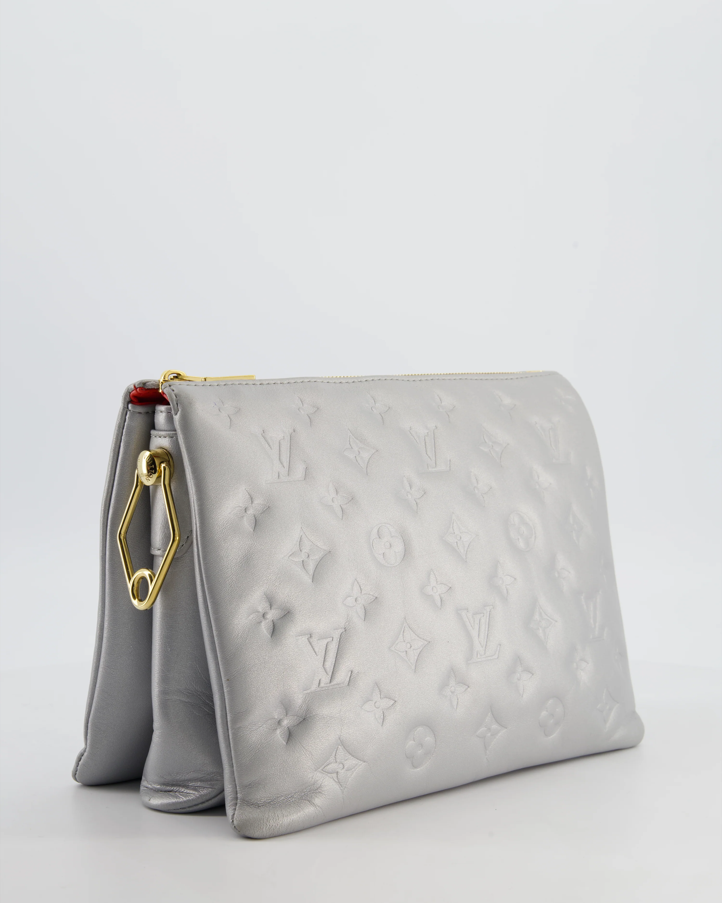 Louis Vuitton Silver Monogram Coussin PM Bag with Gold Hardware and Logo Canvas Strap - Image 10