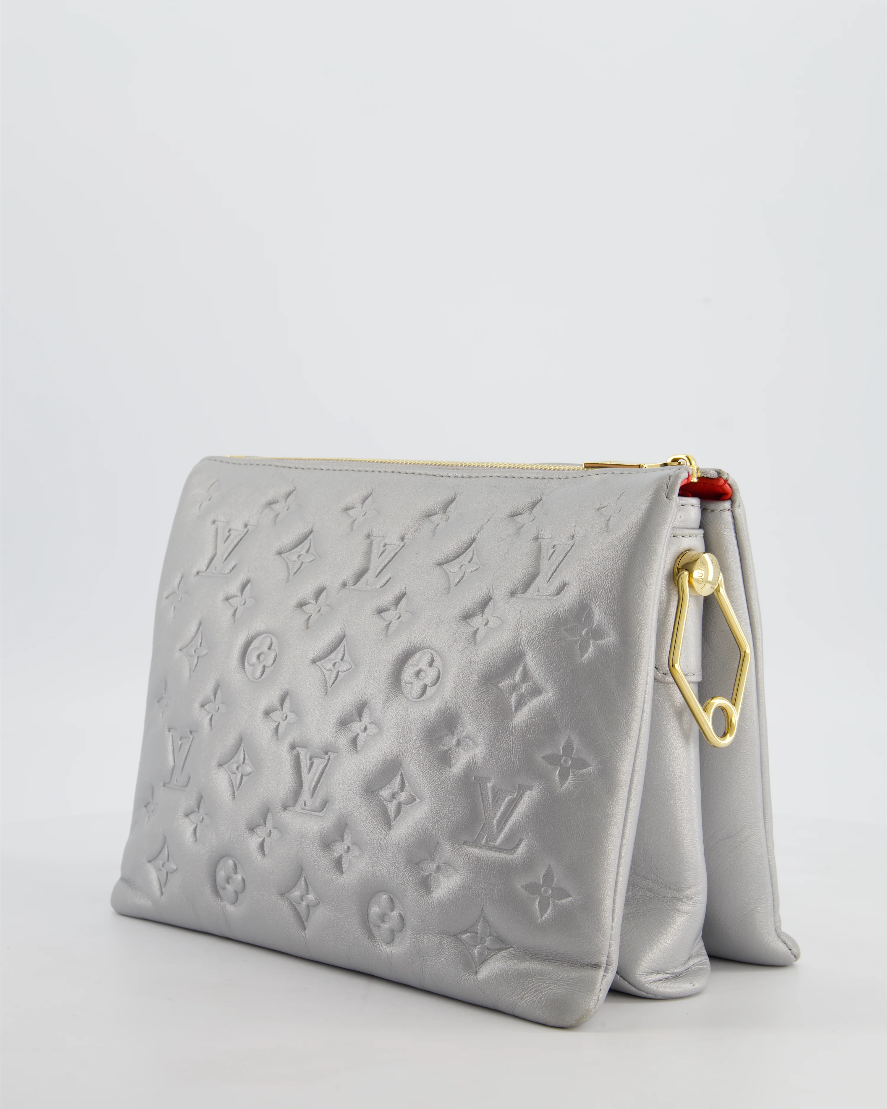 Louis Vuitton Silver Monogram Coussin PM Bag with Gold Hardware and Logo Canvas Strap - Image 12