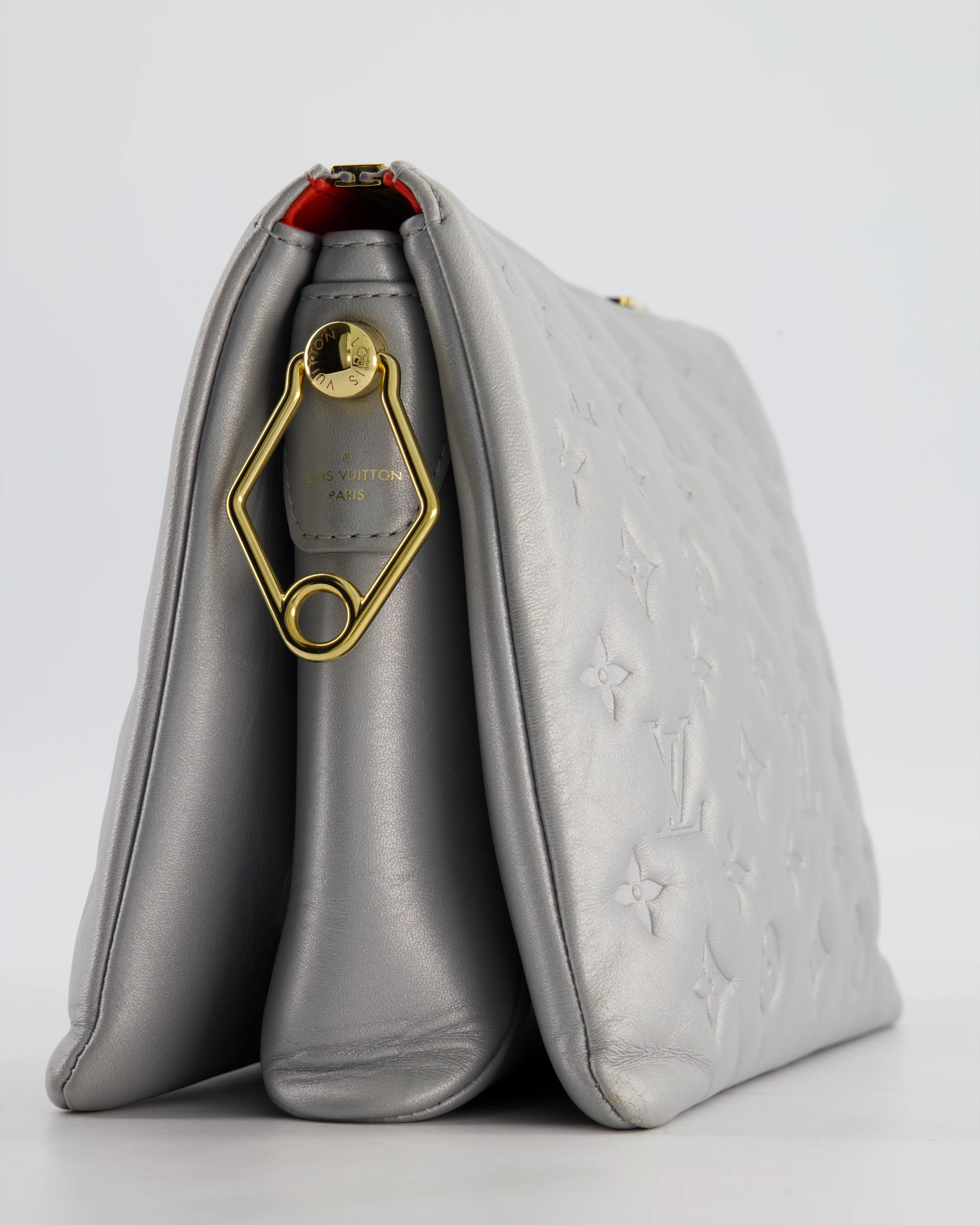 Louis Vuitton Silver Monogram Coussin PM Bag with Gold Hardware and Logo Canvas Strap - Image 13