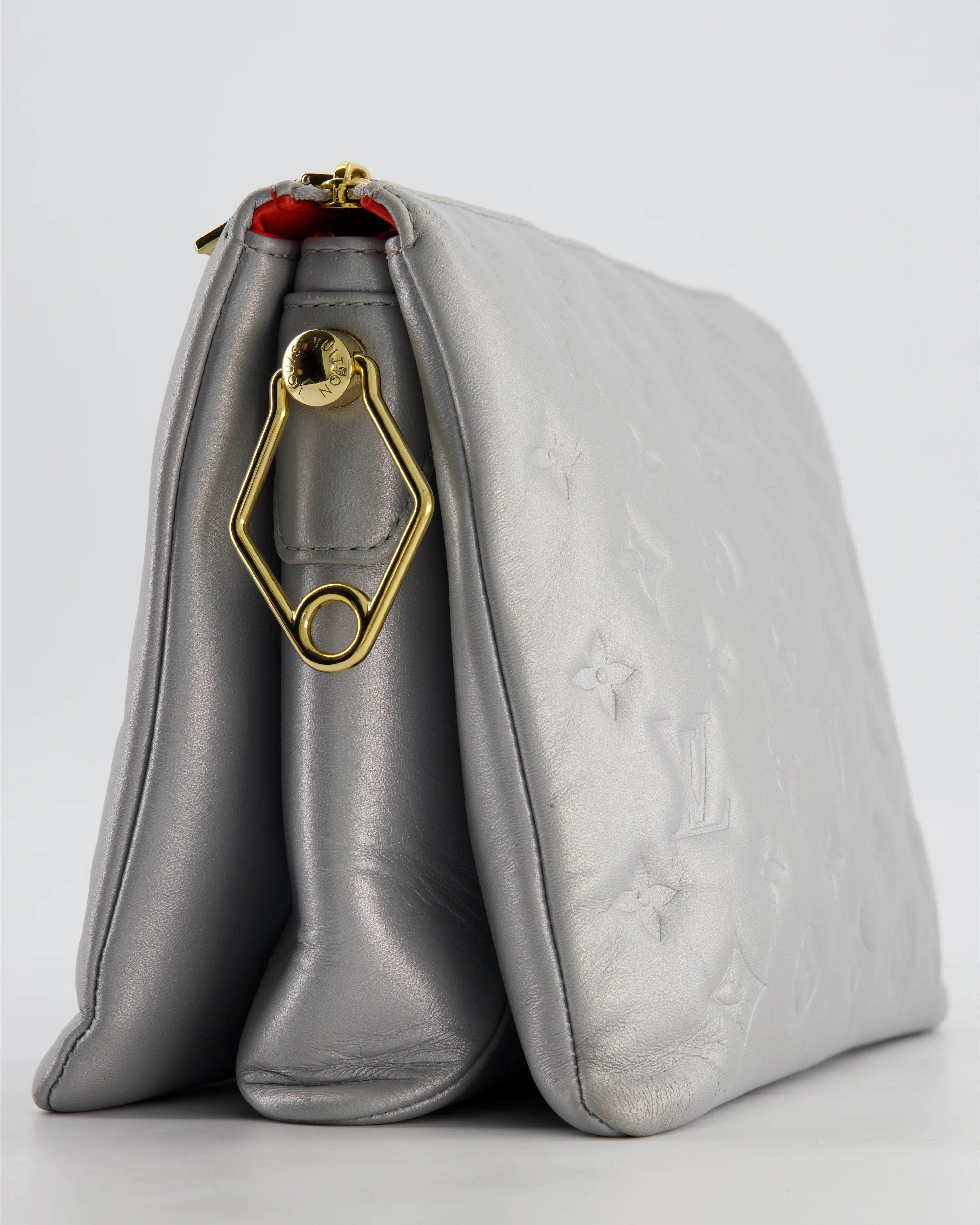 Louis Vuitton Silver Monogram Coussin PM Bag with Gold Hardware and Logo Canvas Strap - Image 15