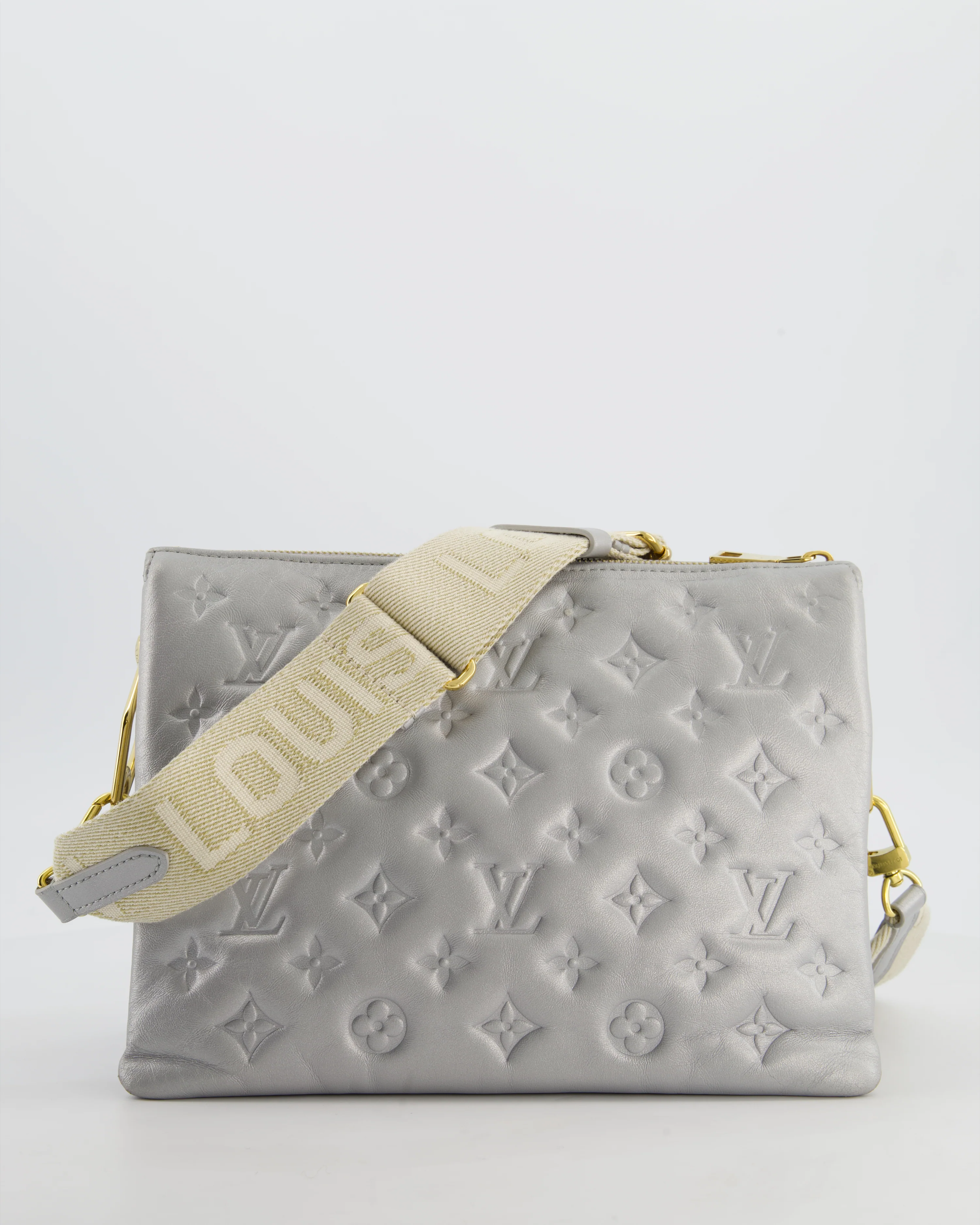 Louis Vuitton Silver Monogram Coussin PM Bag with Gold Hardware and Logo Canvas Strap - Image 2