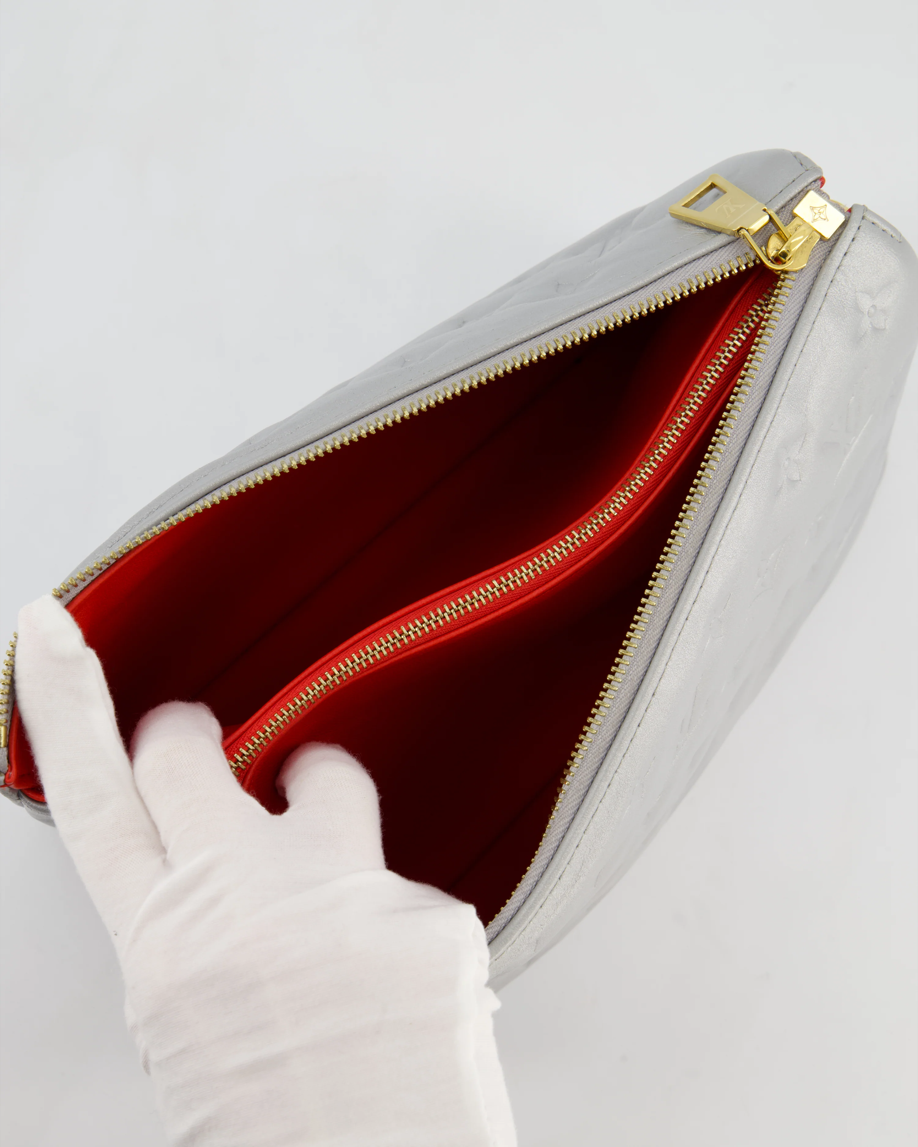 Louis Vuitton Silver Monogram Coussin PM Bag with Gold Hardware and Logo Canvas Strap - Image 21