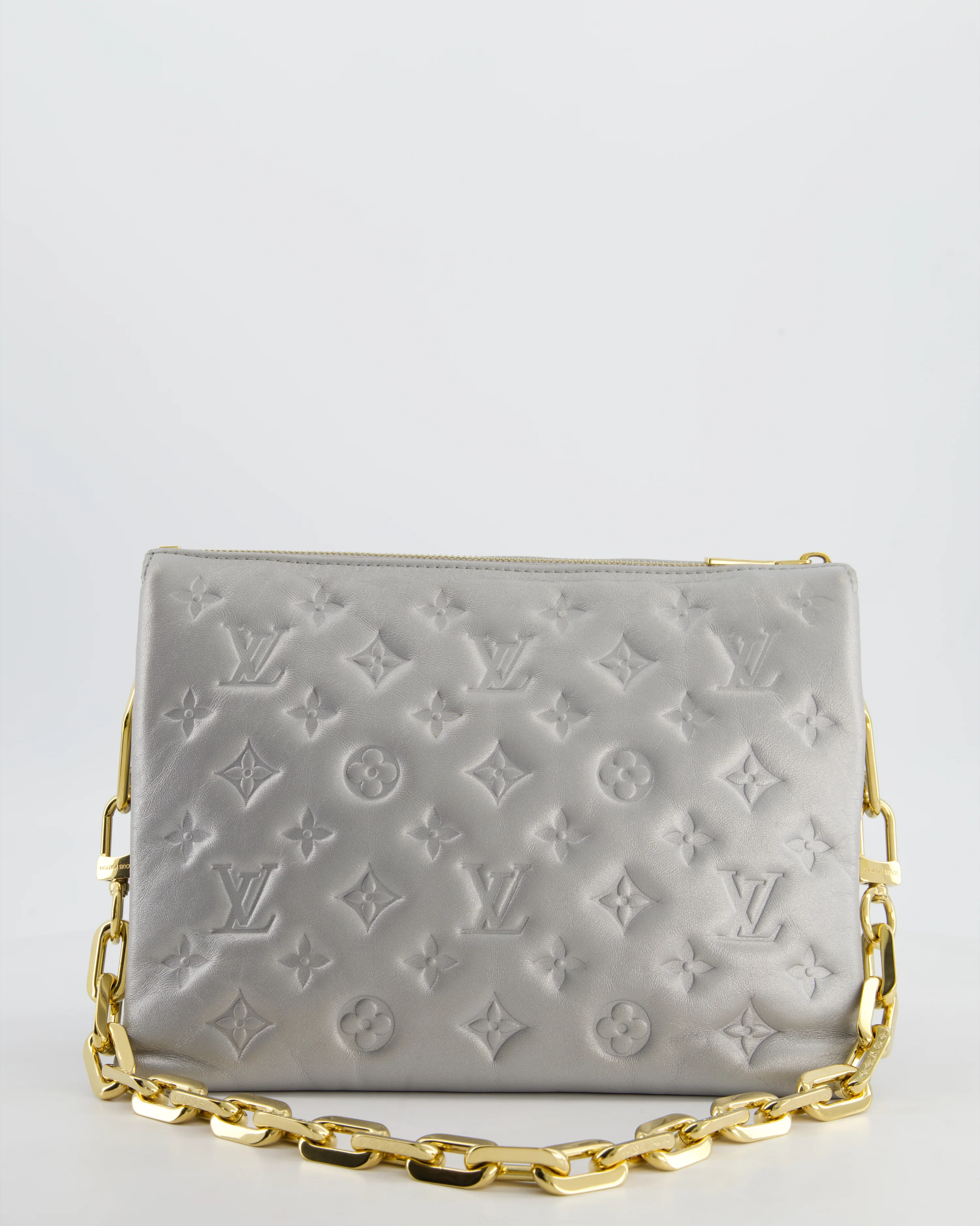 Louis Vuitton Silver Monogram Coussin PM Bag with Gold Hardware and Logo Canvas Strap - Image 3