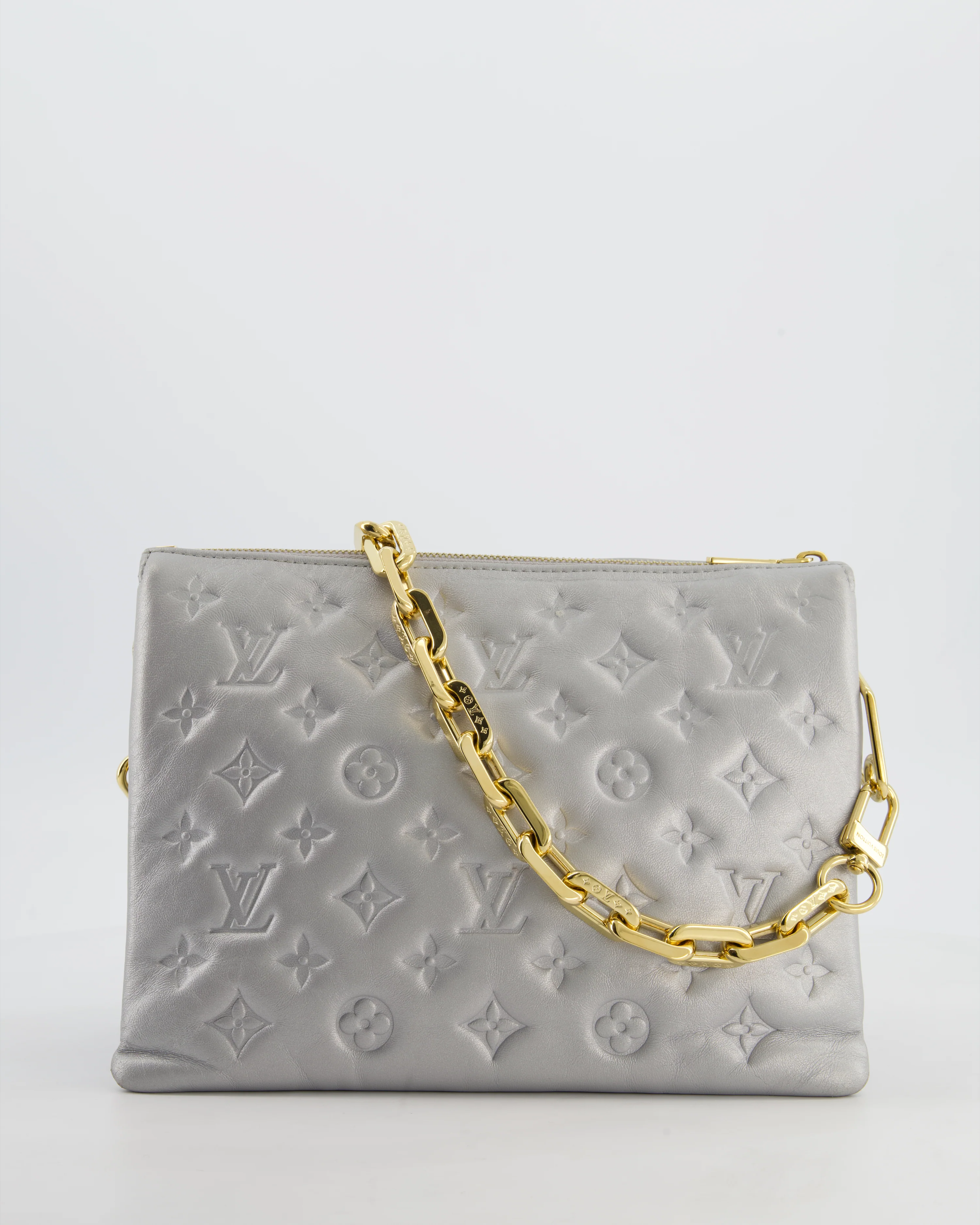 Louis Vuitton Silver Monogram Coussin PM Bag with Gold Hardware and Logo Canvas Strap - Image 4