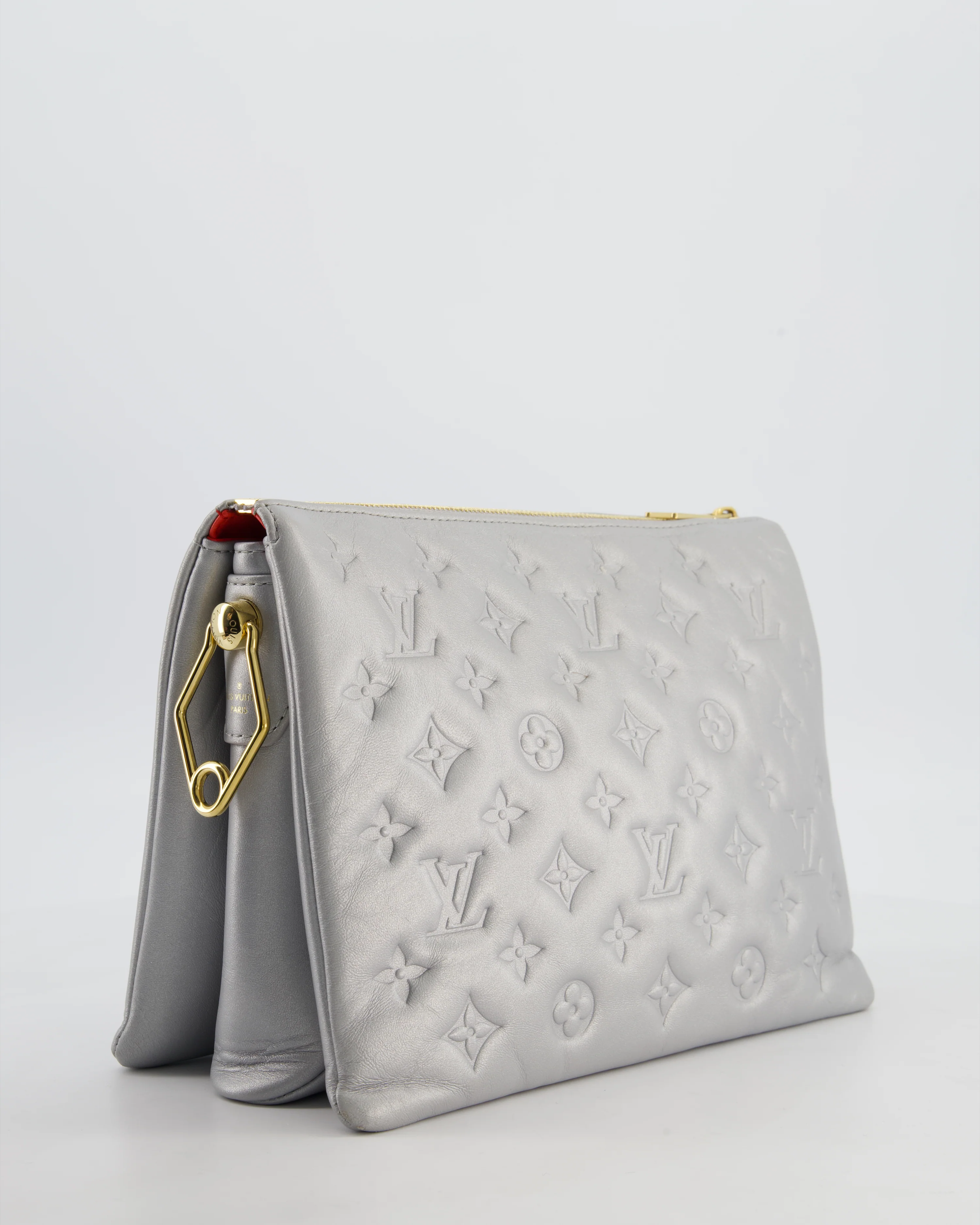 Louis Vuitton Silver Monogram Coussin PM Bag with Gold Hardware and Logo Canvas Strap - Image 6