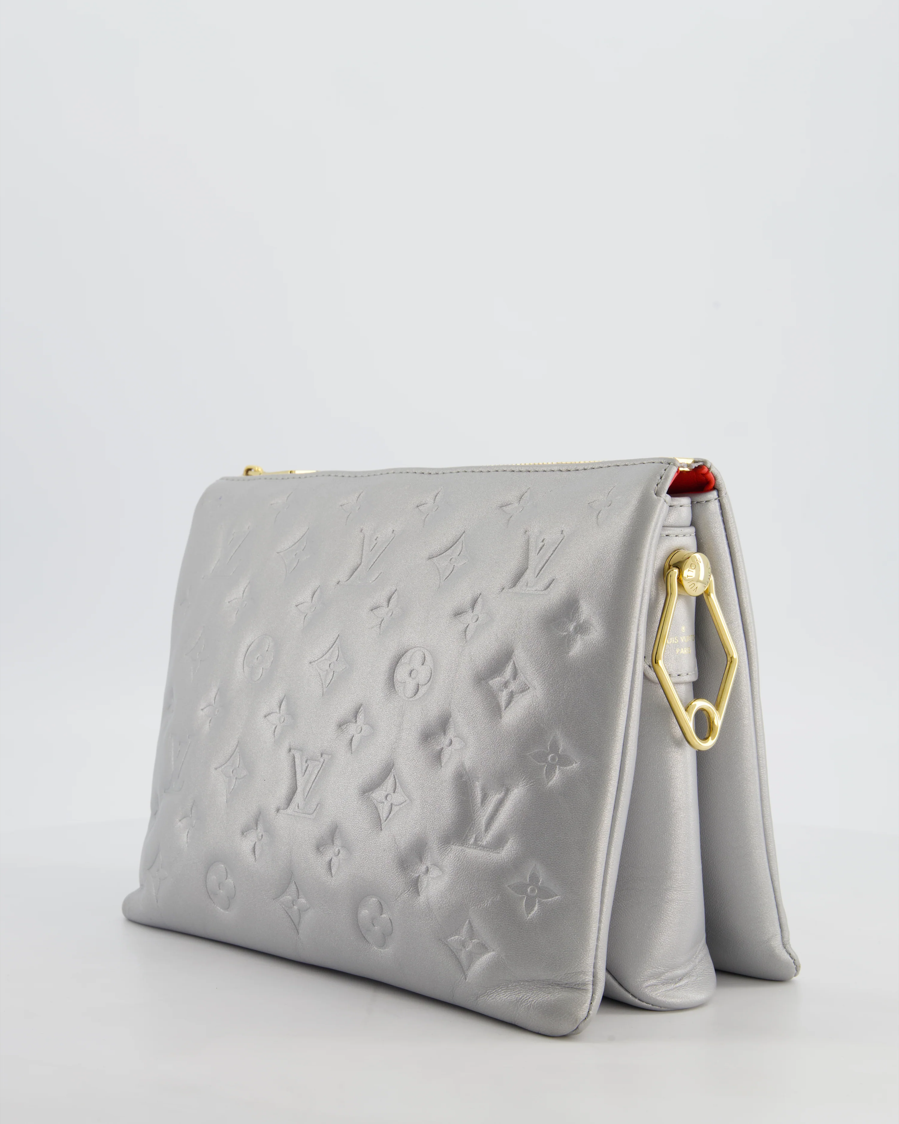 Louis Vuitton Silver Monogram Coussin PM Bag with Gold Hardware and Logo Canvas Strap - Image 8
