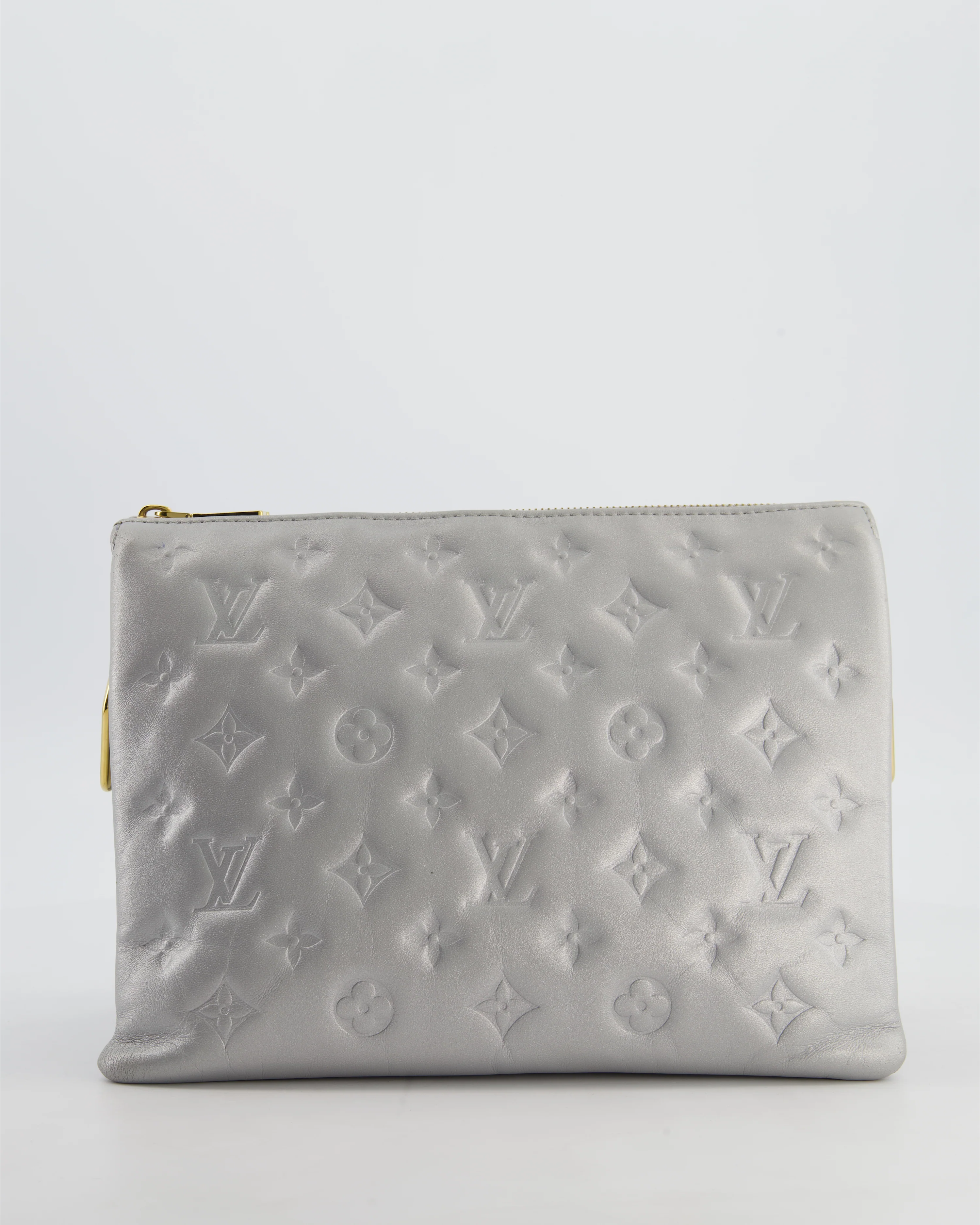 Louis Vuitton Silver Monogram Coussin PM Bag with Gold Hardware and Logo Canvas Strap - Image 9