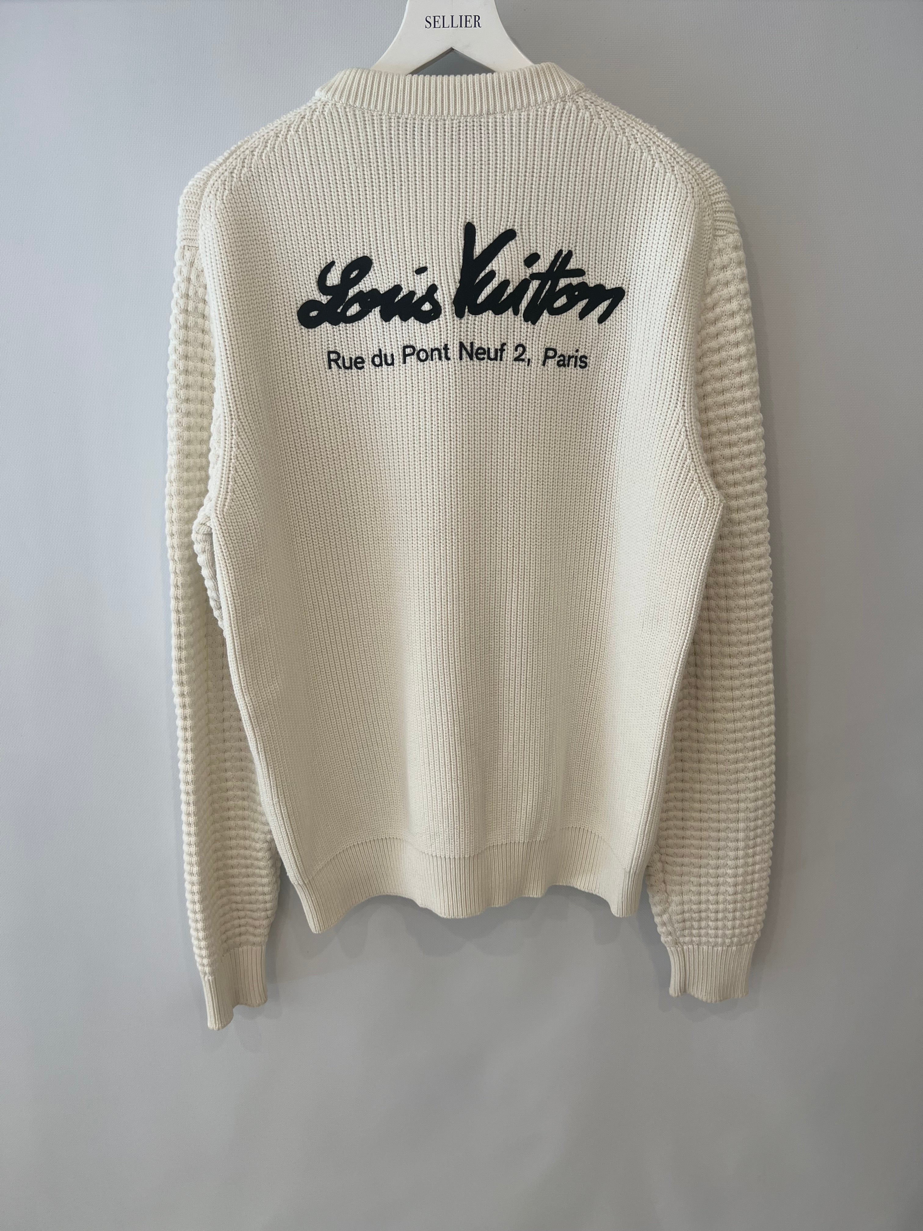 Louis Vuitton Menswear White Knit Jumper with Black "Rue de Pont Neuf 2, Paris" Logo Embroidery Size S (EU 38) - Image 5