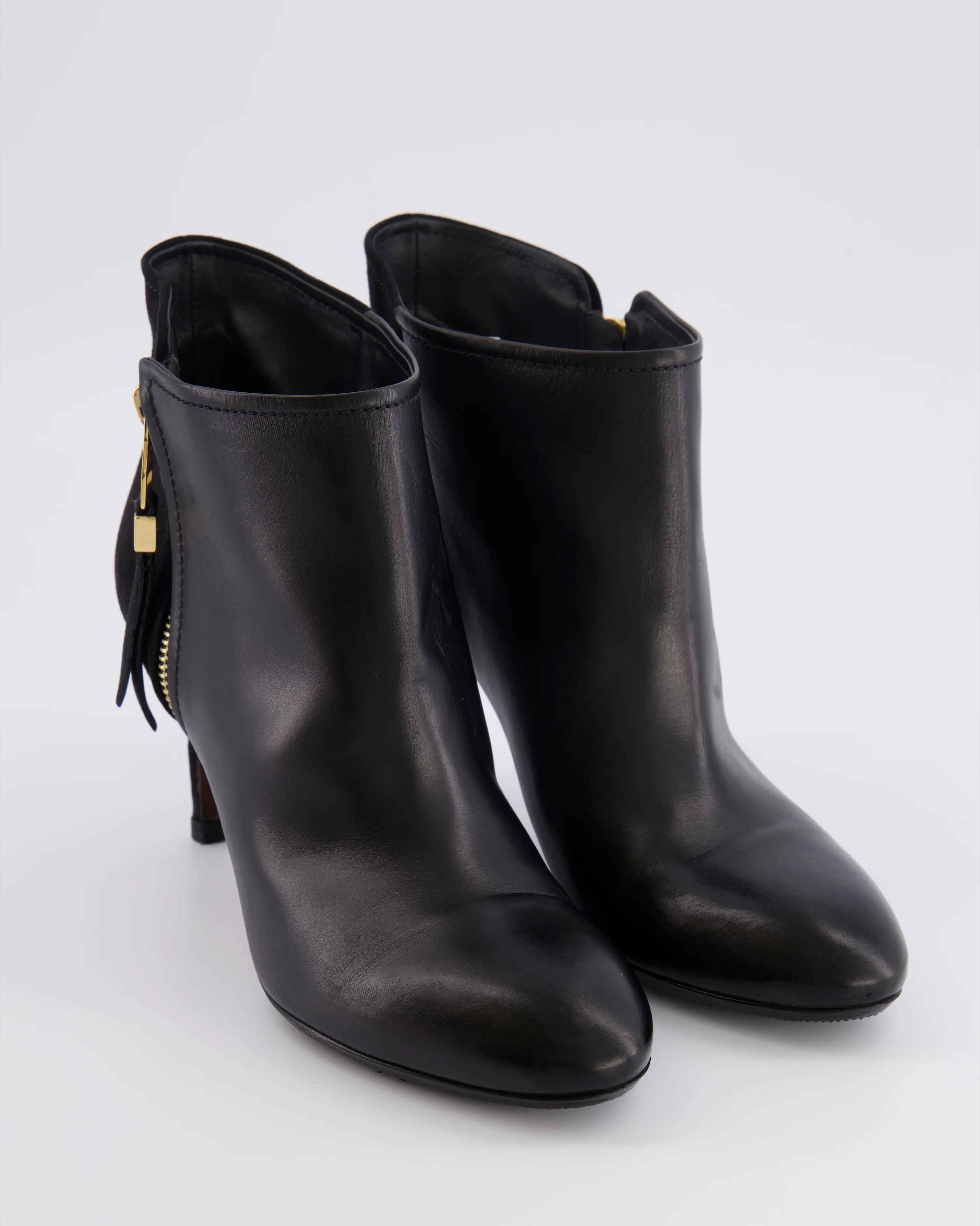 Louis Vuitton Black Leather and Suede Heeled Ankle Boots with Gold Logo Zip Detail Size EU 38 - Image 2