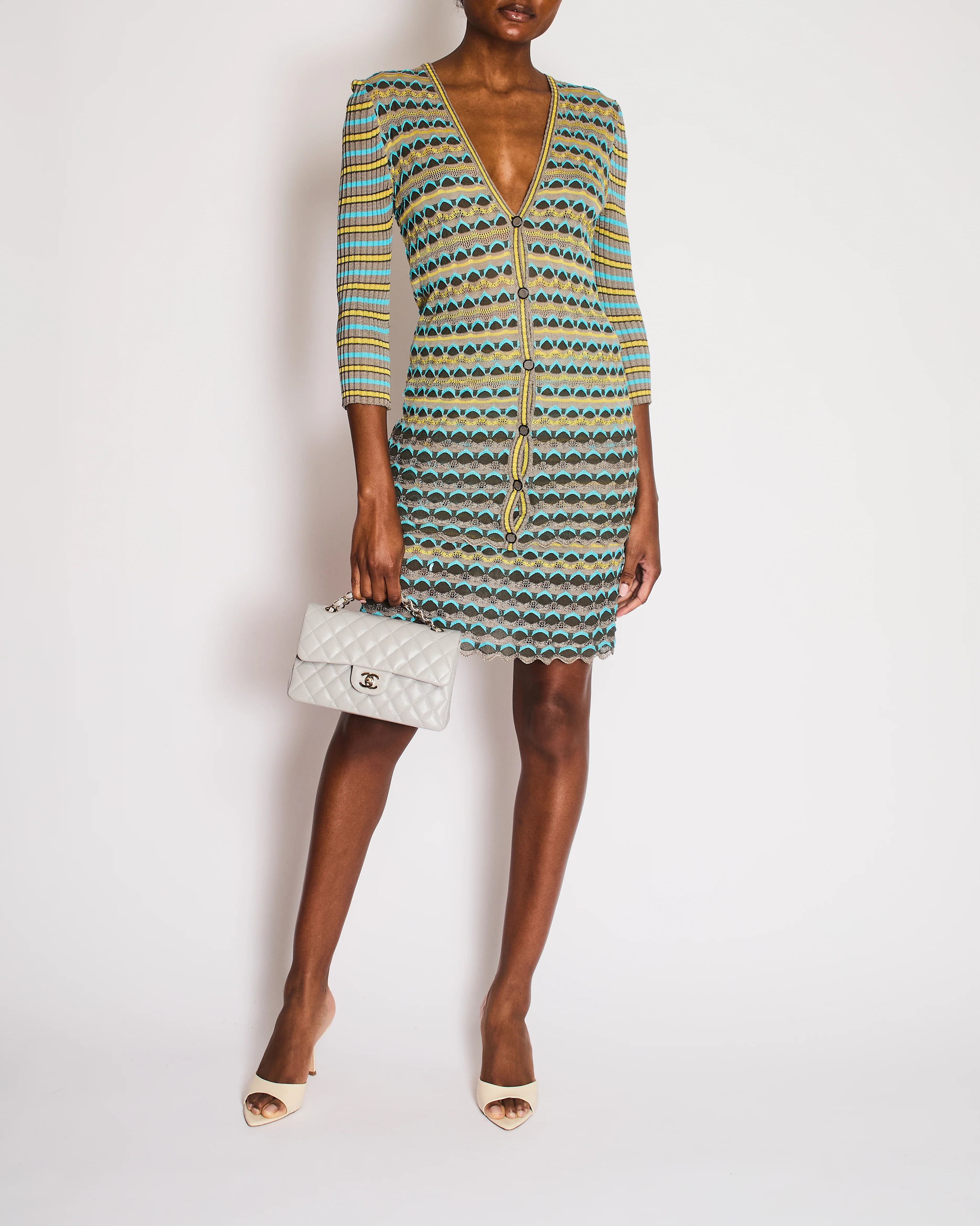 M Missoni Grey, Yellow and Blue Knit Cardigan and Top Chevron Set Size IT 44 (UK 12)