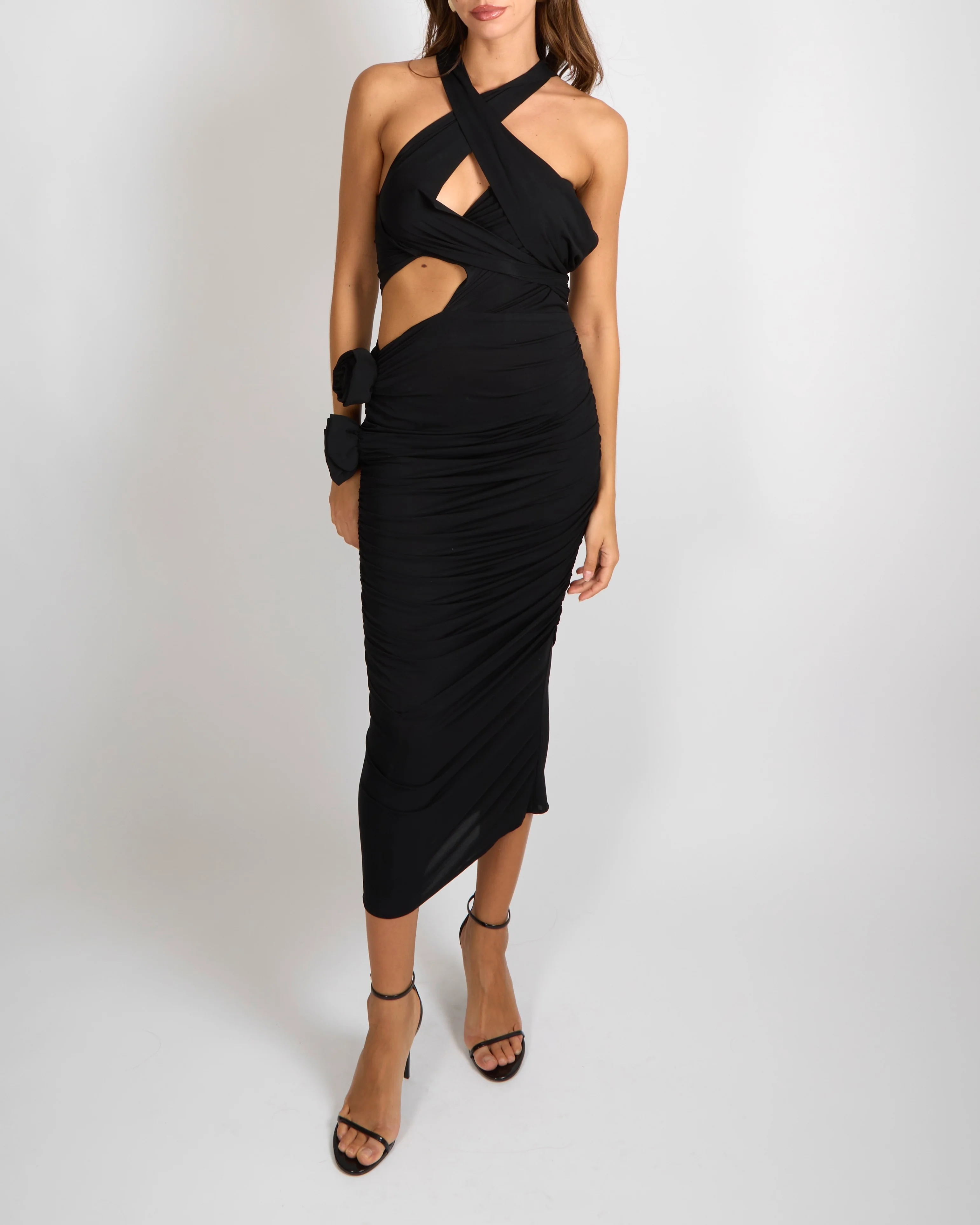 Magda Butrym Black Ruched Maxi Dress with Cut Outs and Rose Appliques Size FR 36 (UK 8)