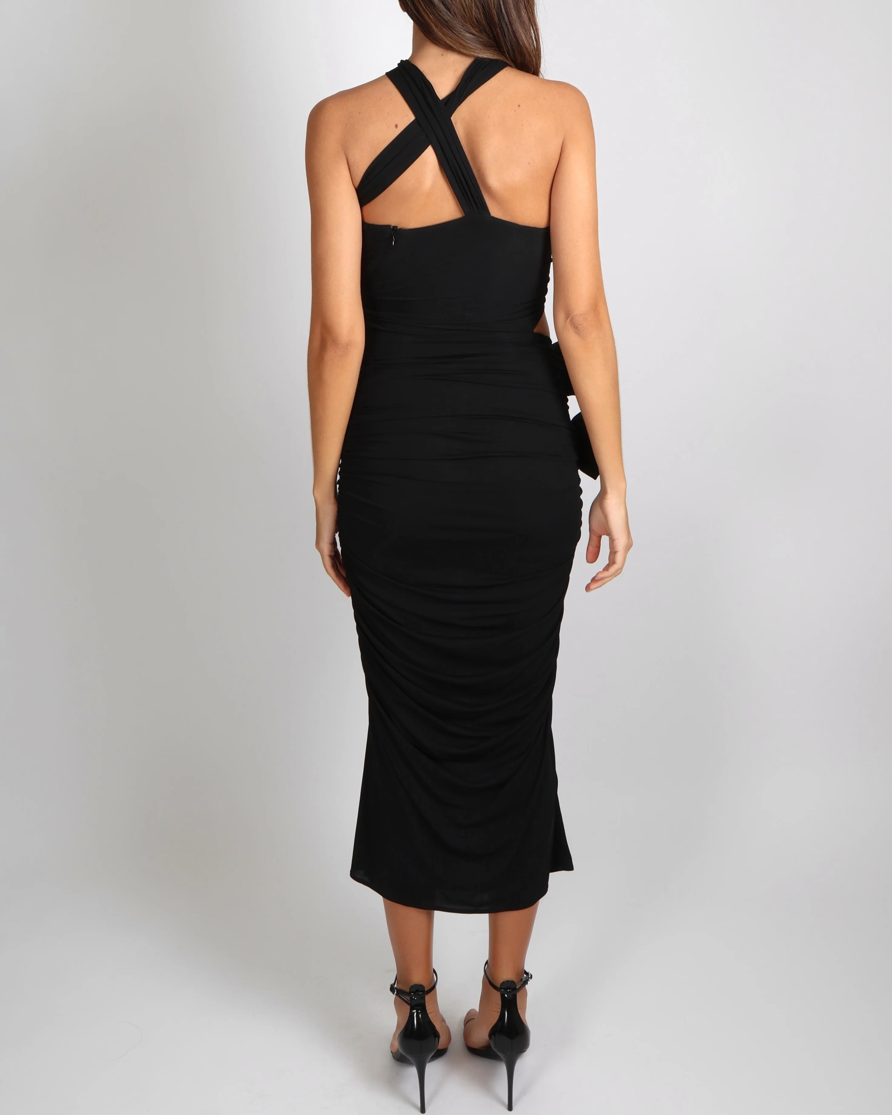 Magda Butrym Black Ruched Maxi Dress with Cut Outs and Rose Appliques Size FR 36 (UK 8) - Image 4