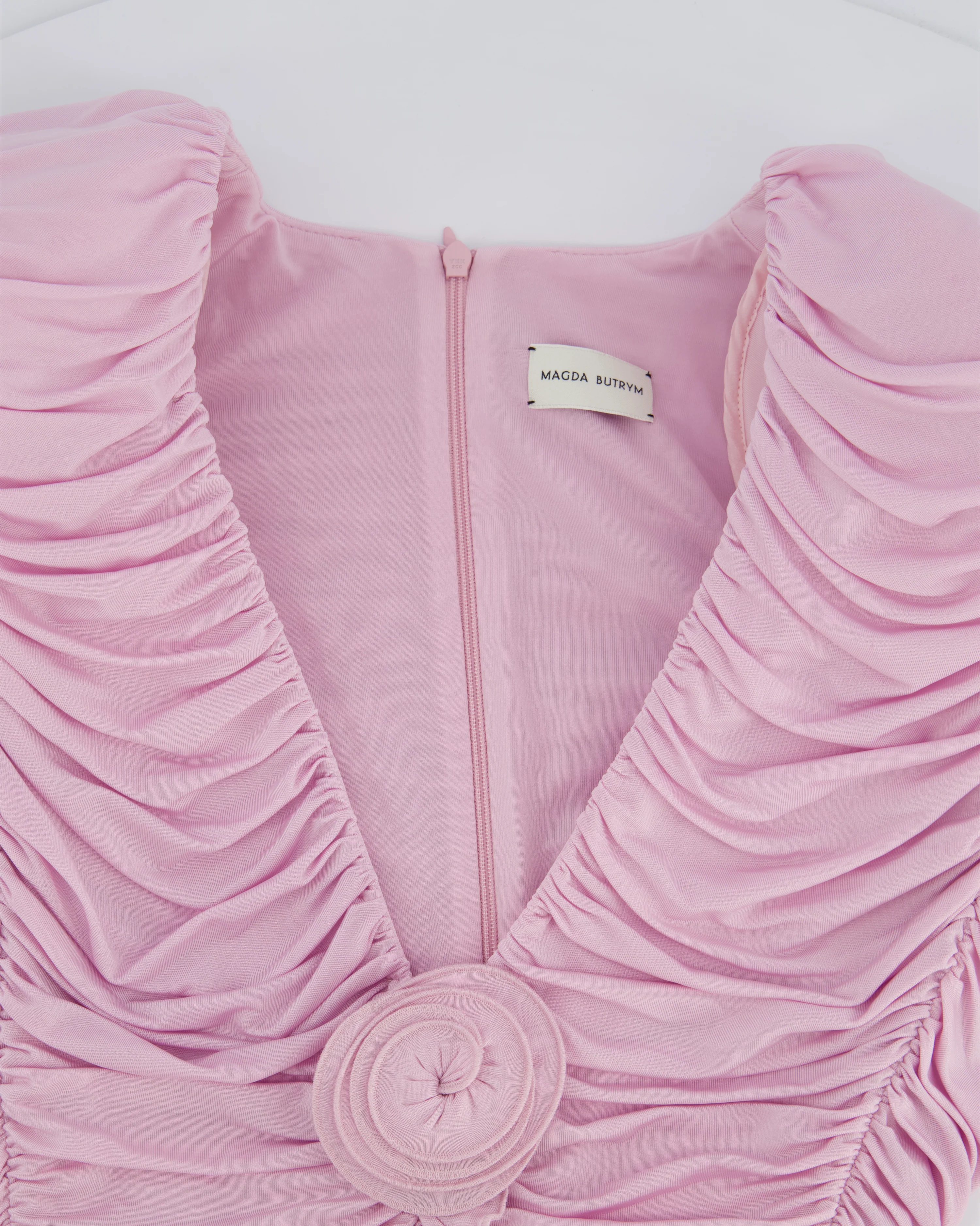 Magda Butrym Pink Long Sleeve Ruched Mini Dress with Rose Appliqué Detail Size FR 36 (UK 8) - Image 11