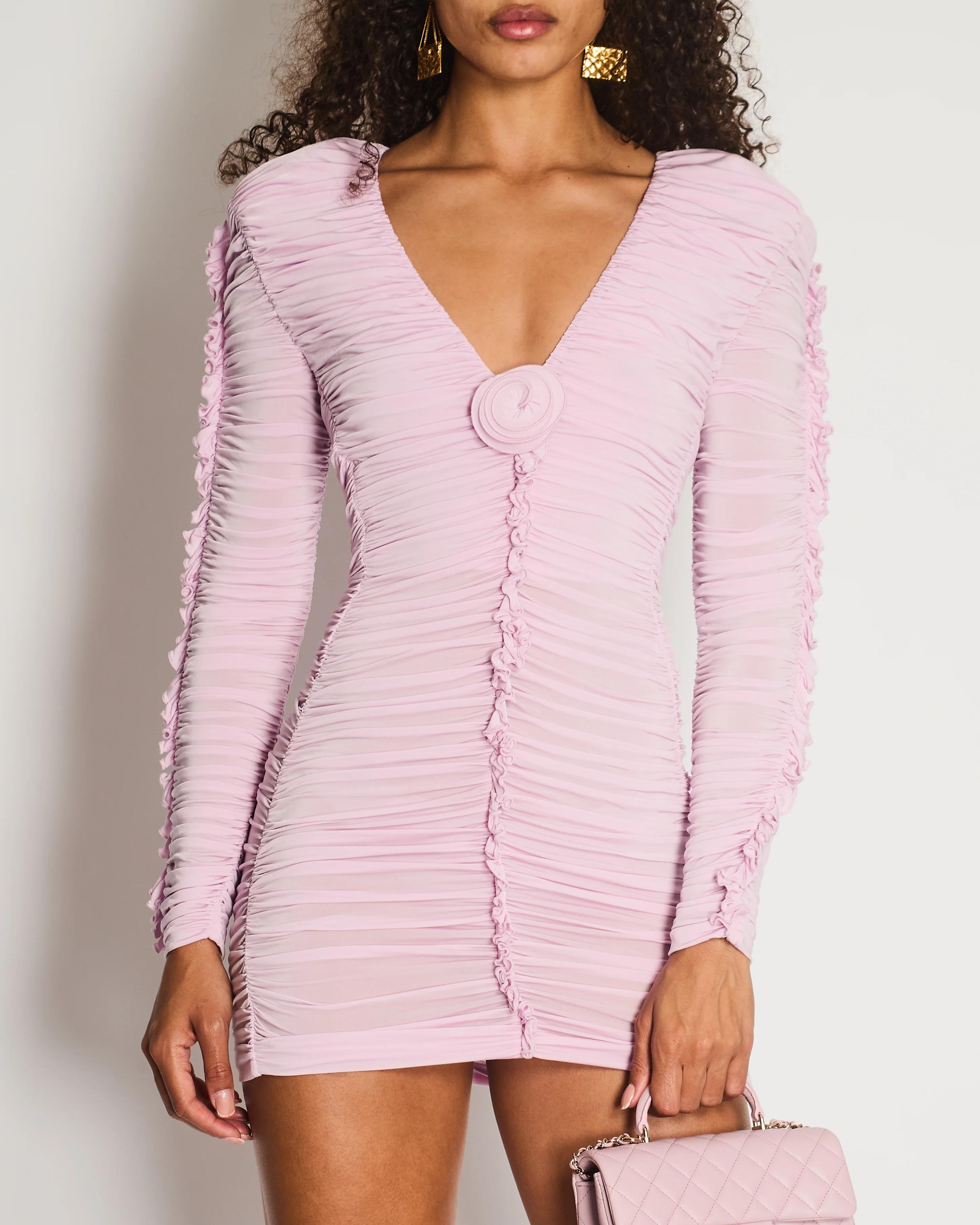 Magda Butrym Pink Long Sleeve Ruched Mini Dress with Rose Appliqué Detail Size FR 36 (UK 8) - Image 3