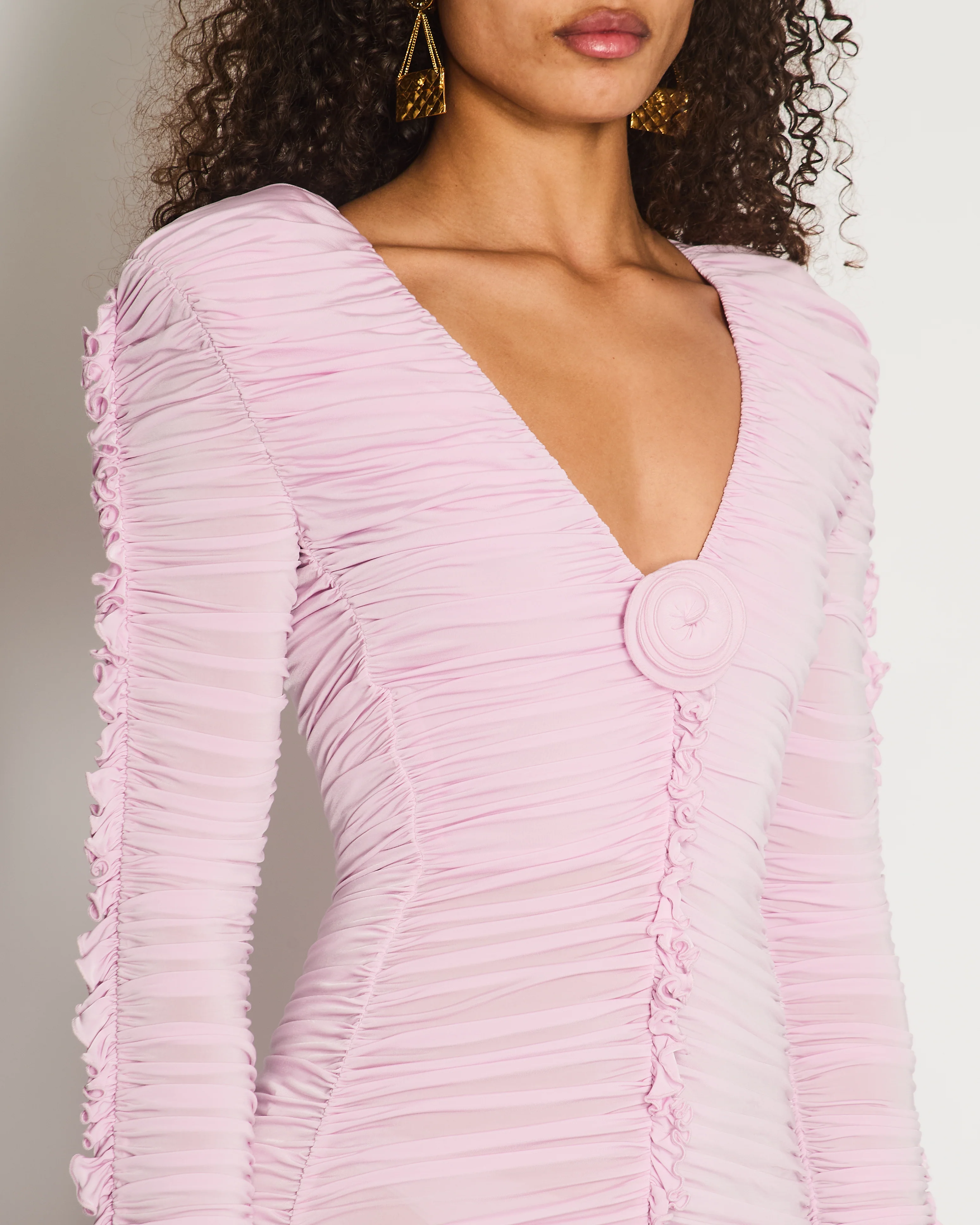 Magda Butrym Pink Long Sleeve Ruched Mini Dress with Rose Appliqué Detail Size FR 36 (UK 8) - Image 4