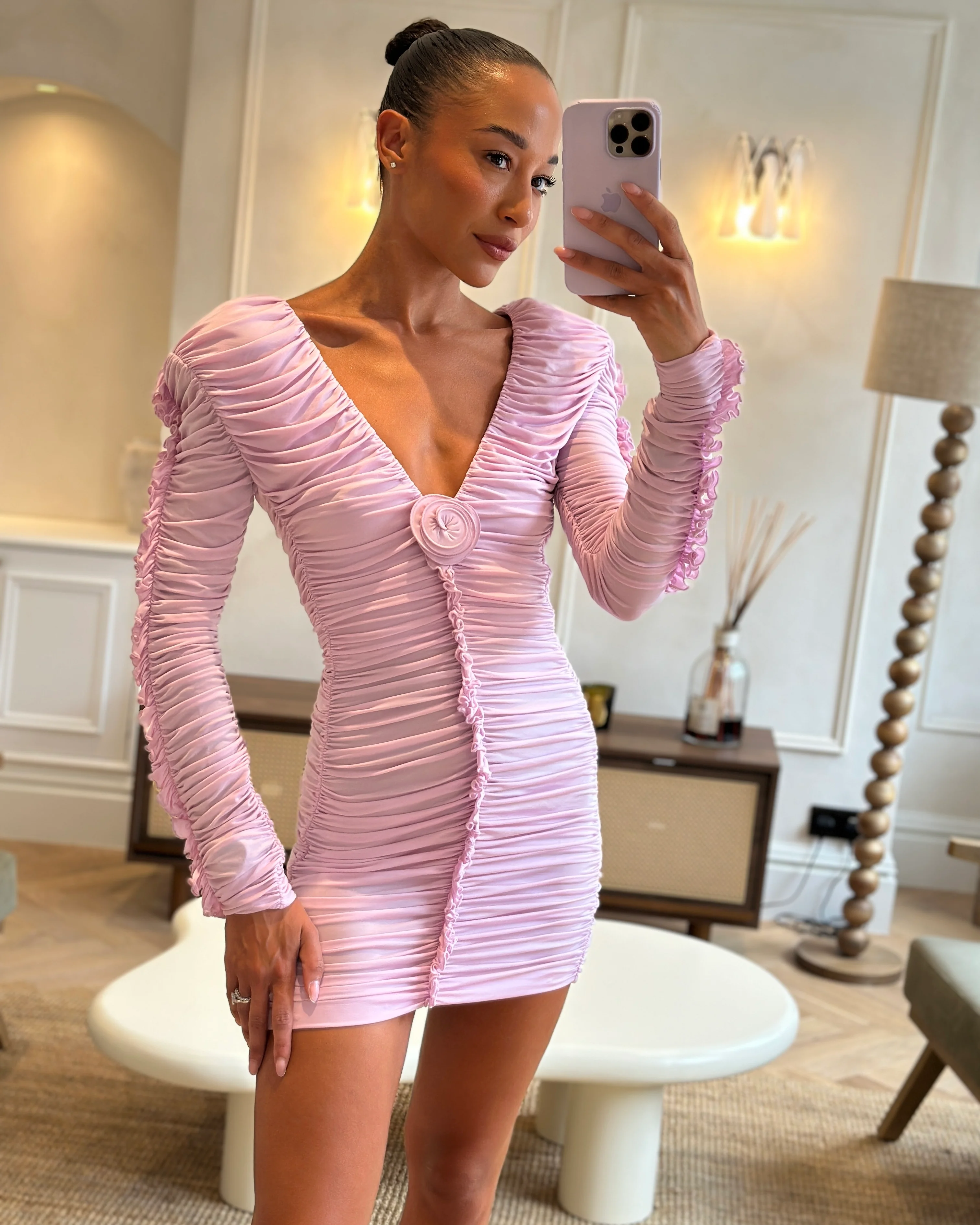 Magda Butrym Pink Long Sleeve Ruched Mini Dress with Rose Appliqué Detail Size FR 36 (UK 8) - Image 5