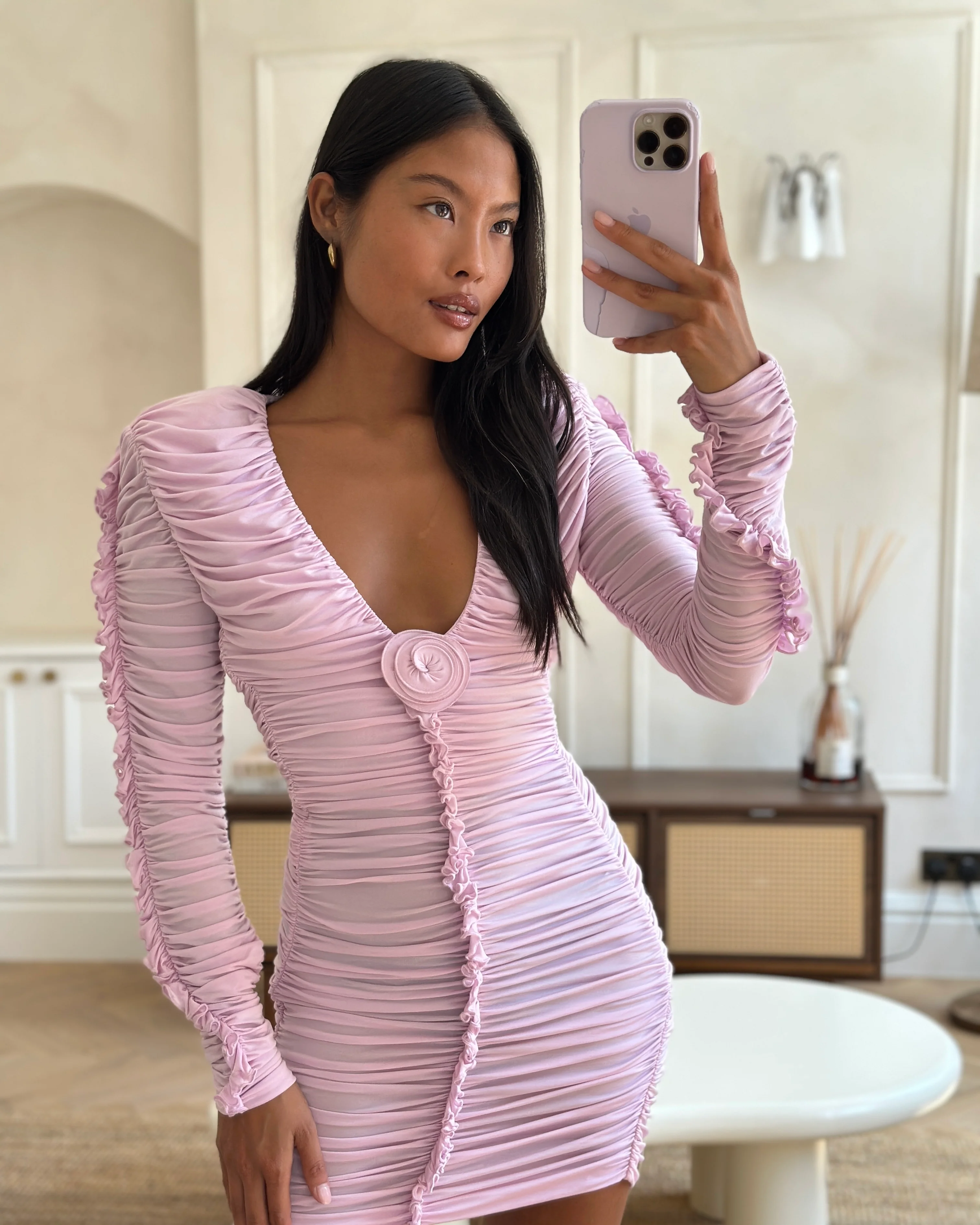 Magda Butrym Pink Long Sleeve Ruched Mini Dress with Rose Appliqué Detail Size FR 36 (UK 8) - Image 7