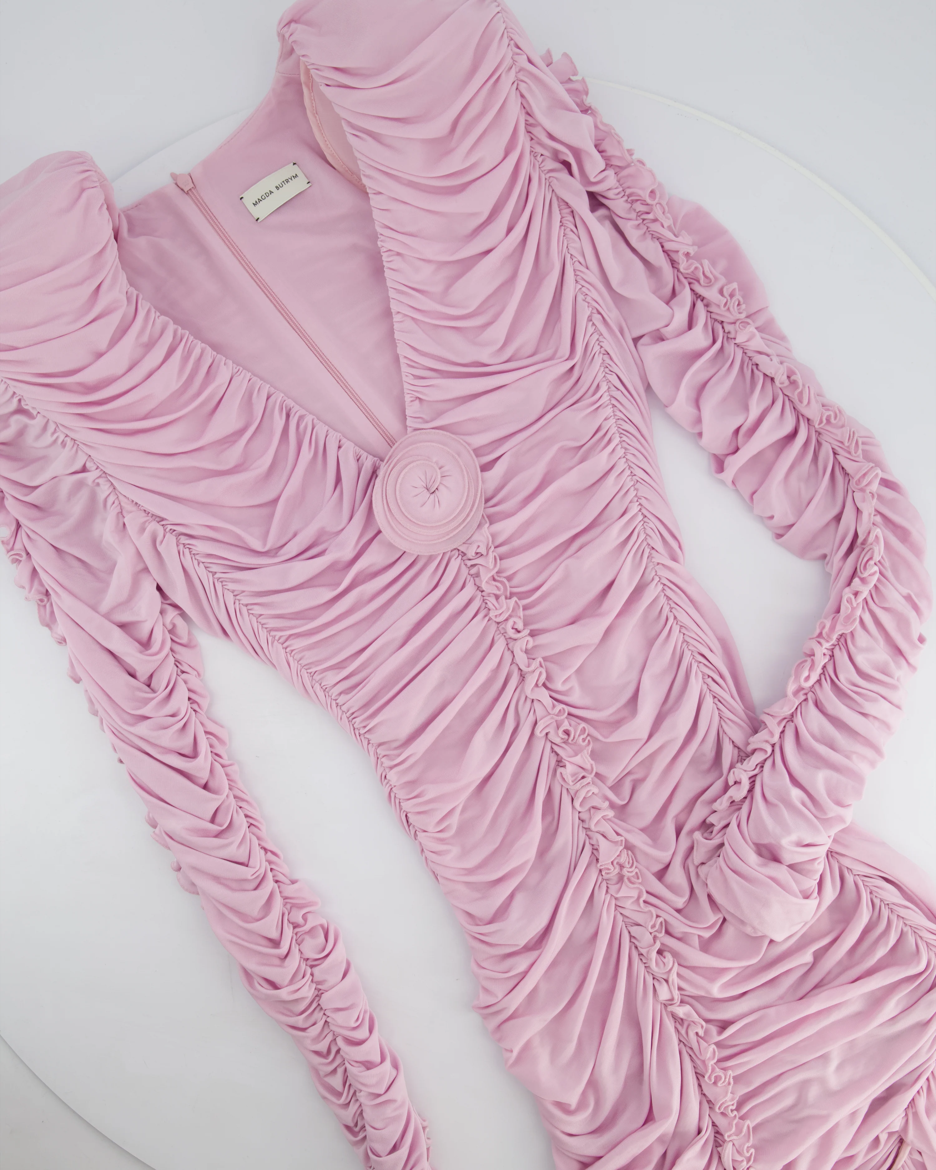 Magda Butrym Pink Long Sleeve Ruched Mini Dress with Rose Appliqué Detail Size FR 36 (UK 8) - Image 9