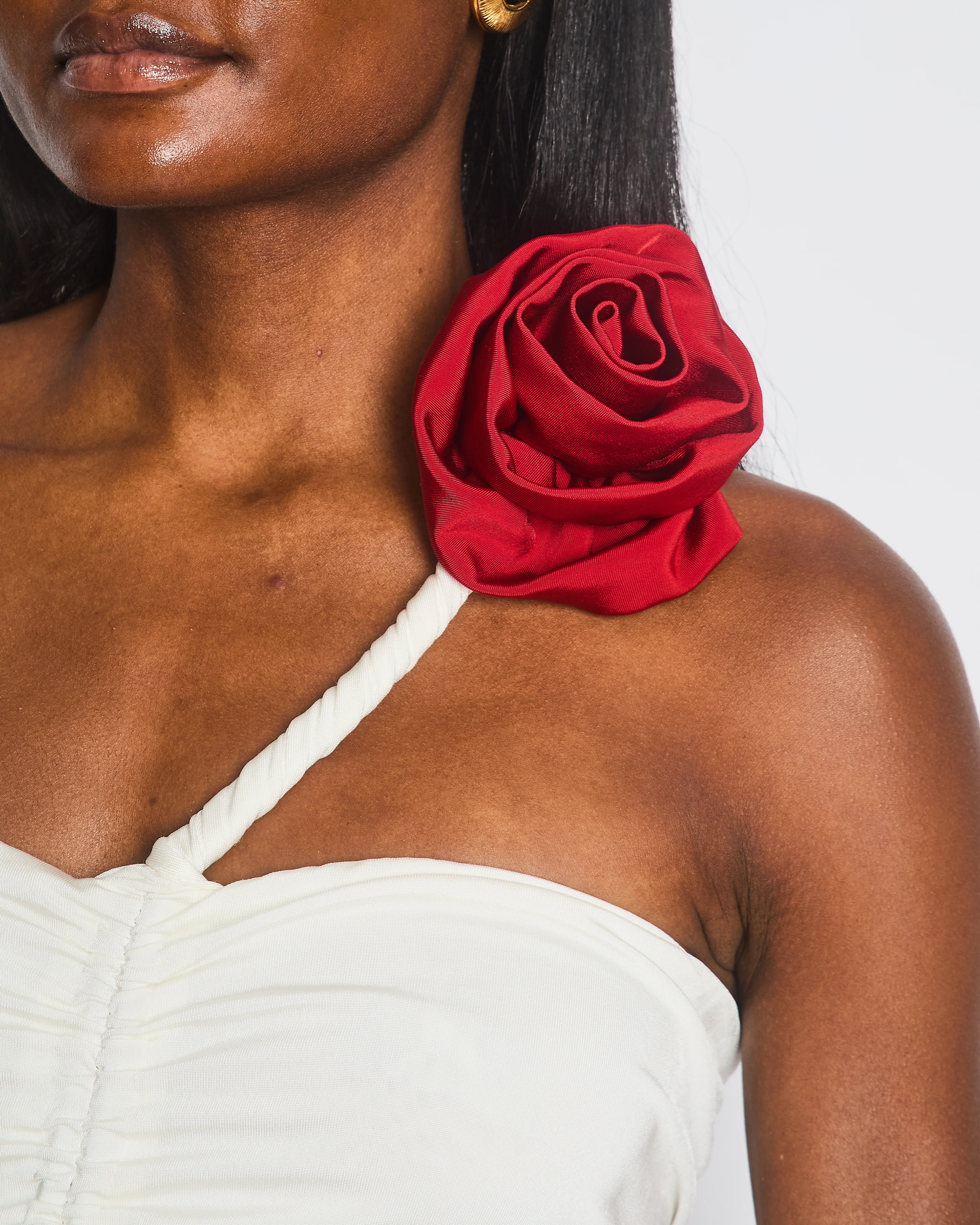 Magda Butrym White Ruched Sleeveless Top with Red 3D Rose Appliqué Size FR 36 (UK 8) - Image 3