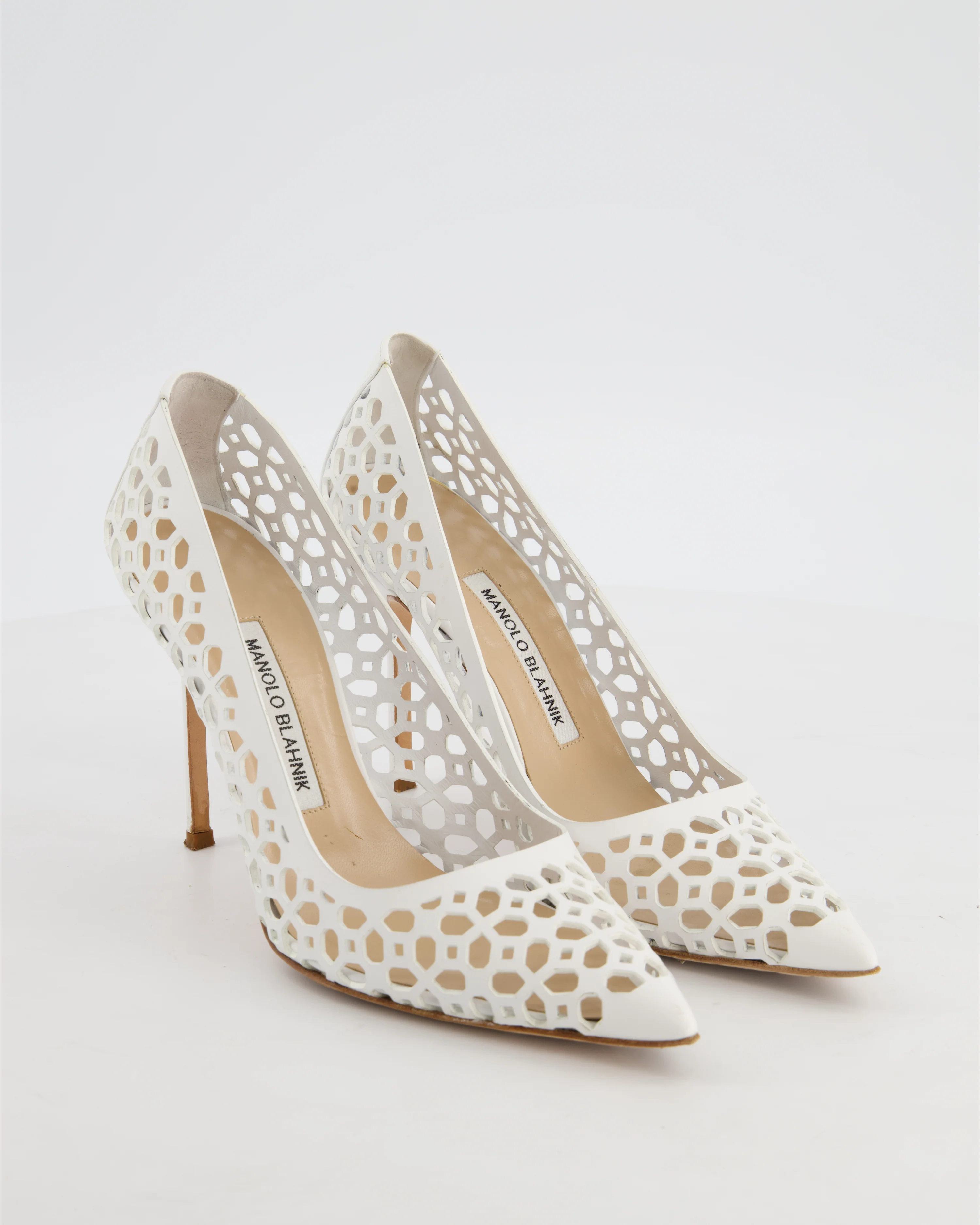 Manolo Blahnik White BB Laserato 105 Laser Cut Heels Size EU 37.5 - Image 2