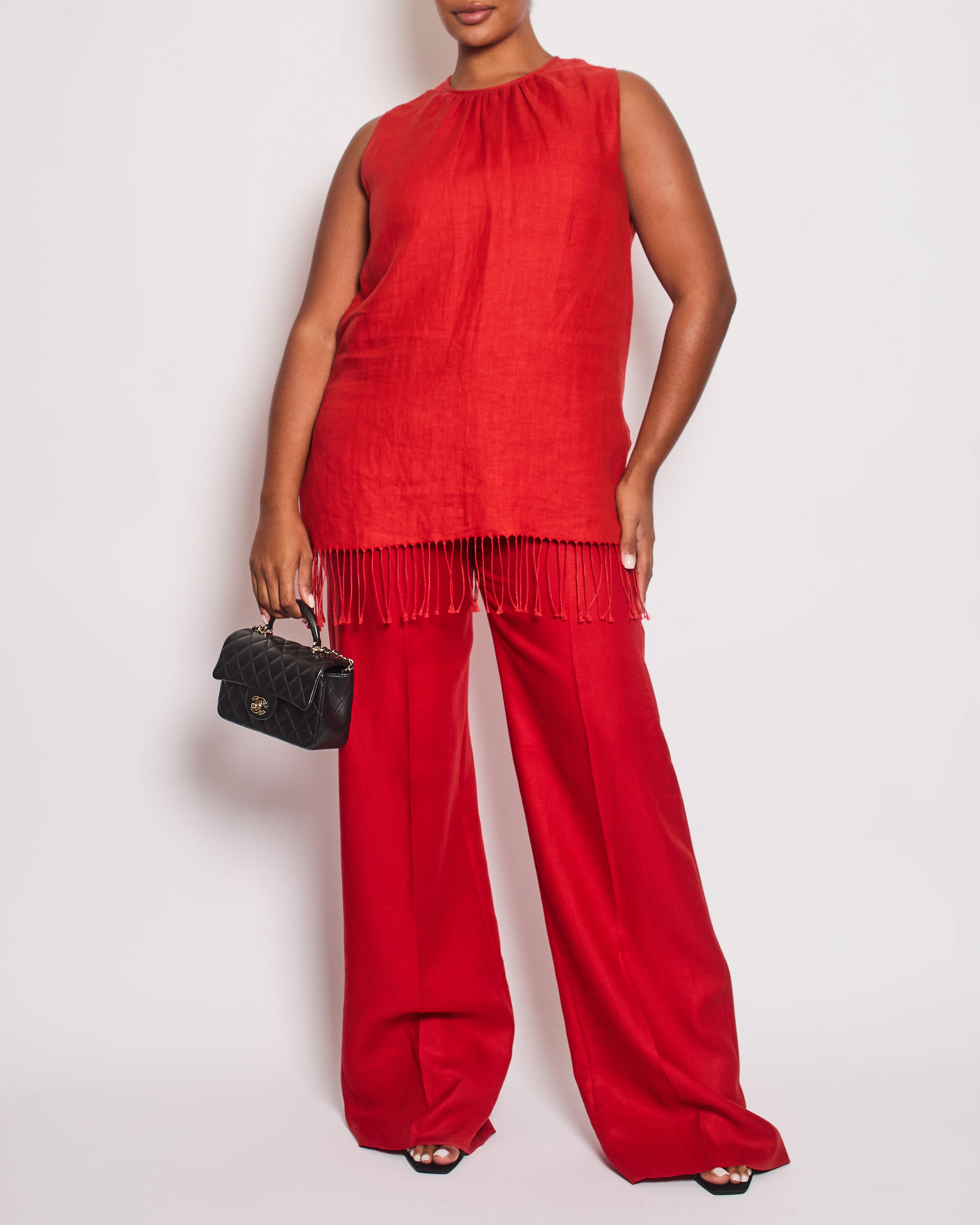 Max Mara Red Linen Sleeveless Top and Trouser Set with Fringing Size IT 48 (UK 16)
