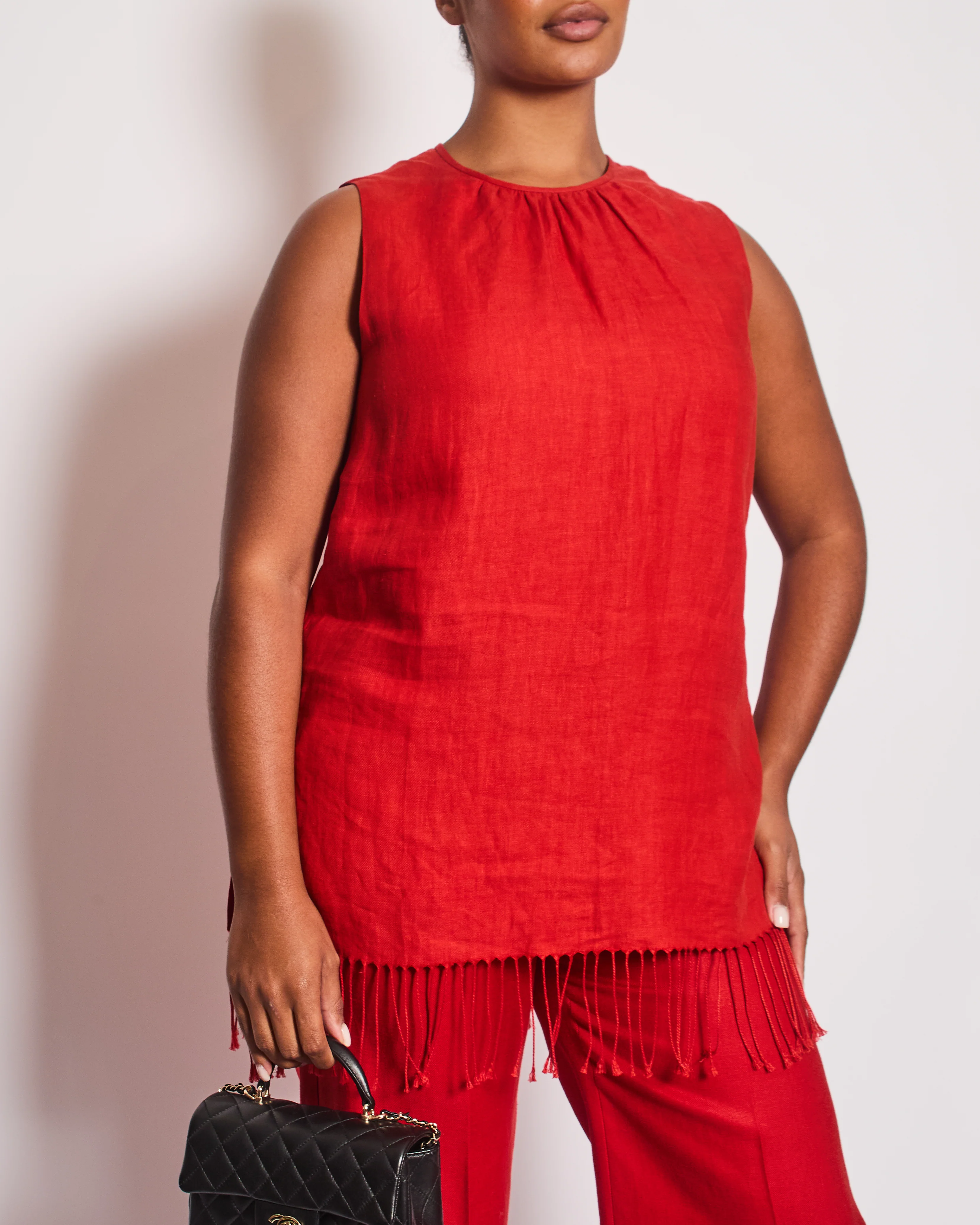 Max Mara Red Linen Sleeveless Top and Trouser Set with Fringing Size IT 48 (UK 16) - Image 2