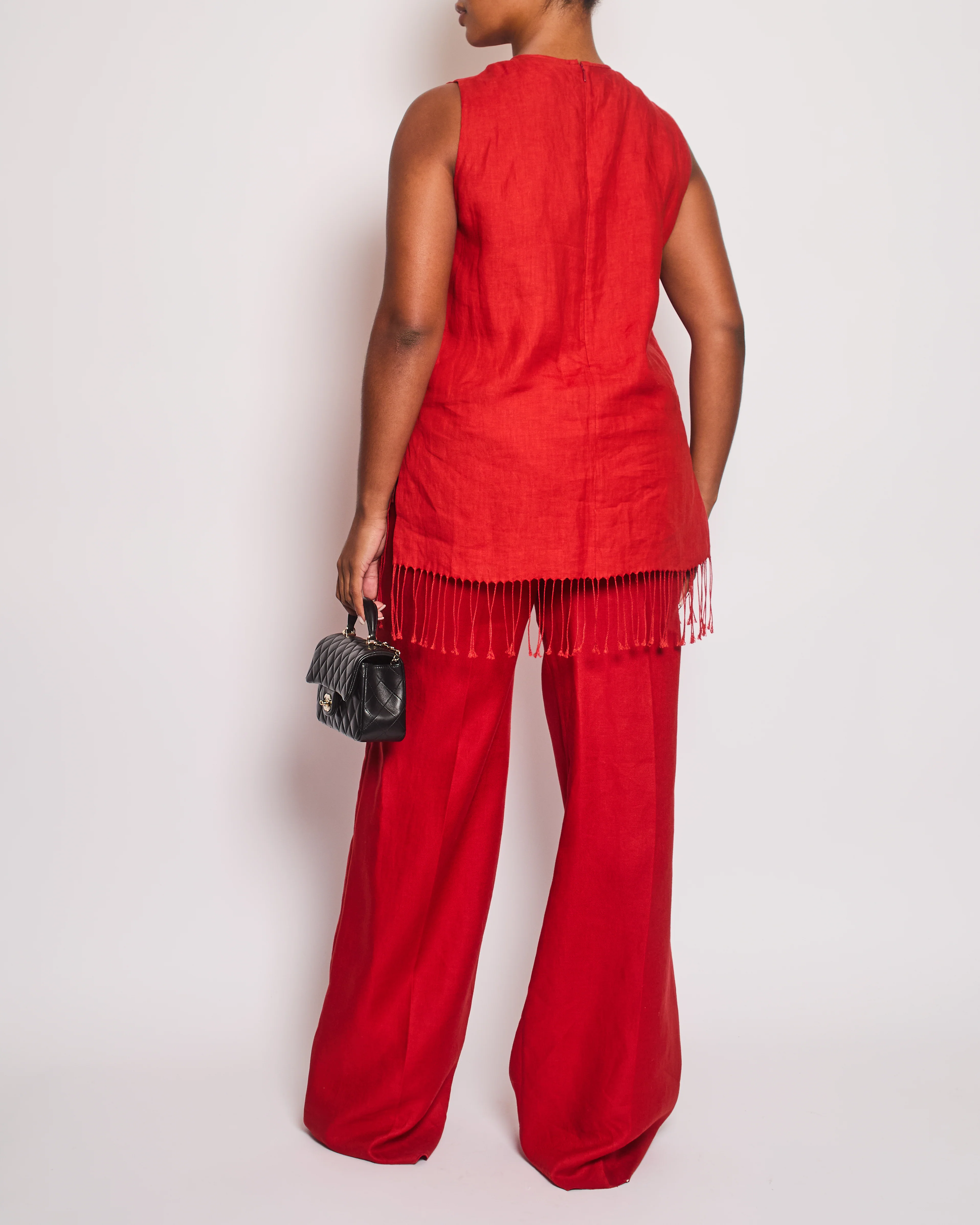Max Mara Red Linen Sleeveless Top and Trouser Set with Fringing Size IT 48 (UK 16) - Image 3