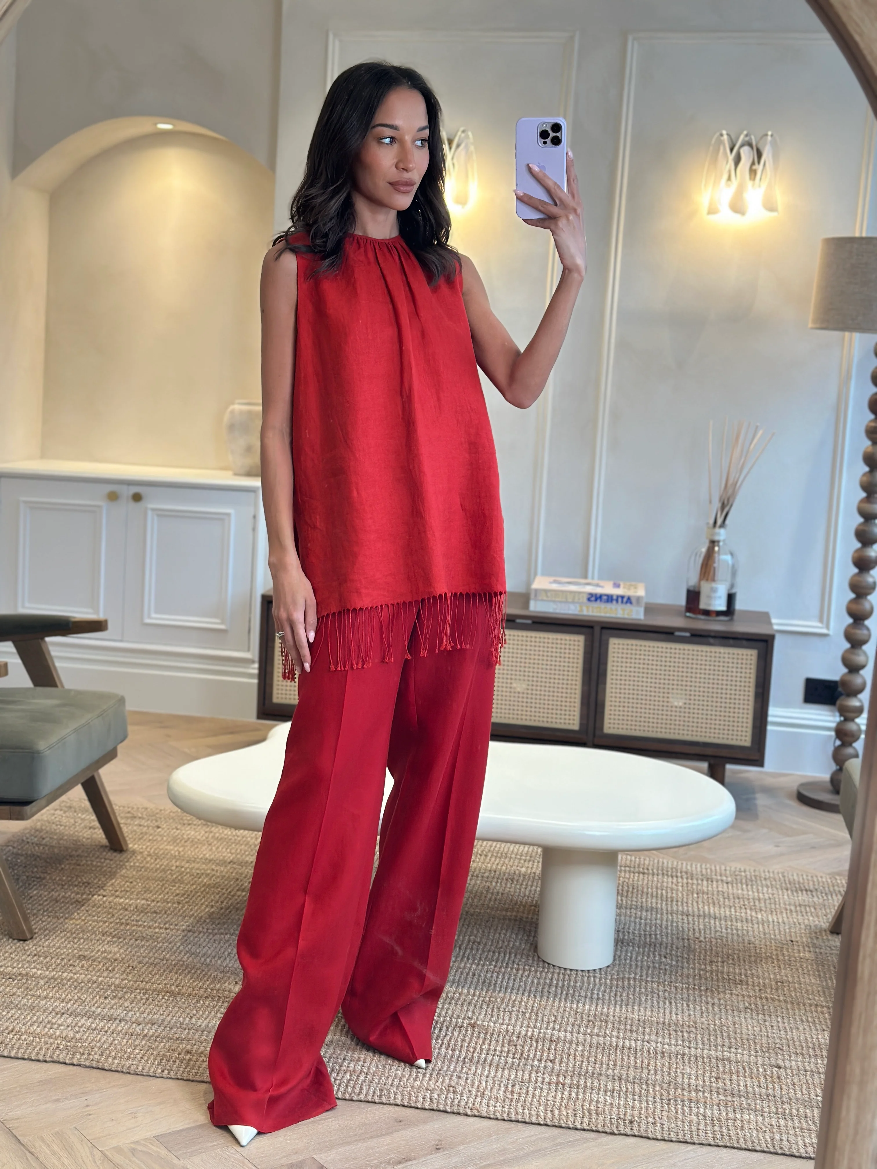 Max Mara Red Linen Sleeveless Top and Trouser Set with Fringing Size IT 48 (UK 16) - Image 5