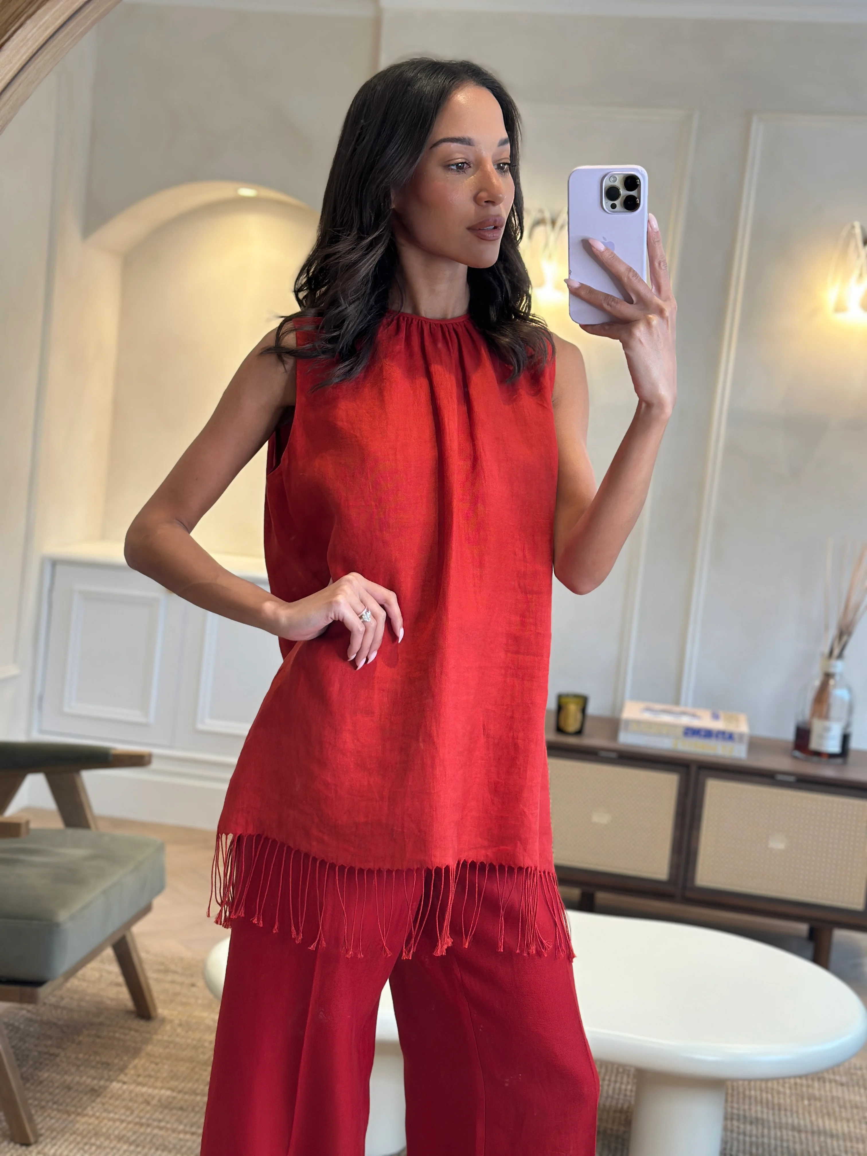 Max Mara Red Linen Sleeveless Top and Trouser Set with Fringing Size IT 48 (UK 16) - Image 6