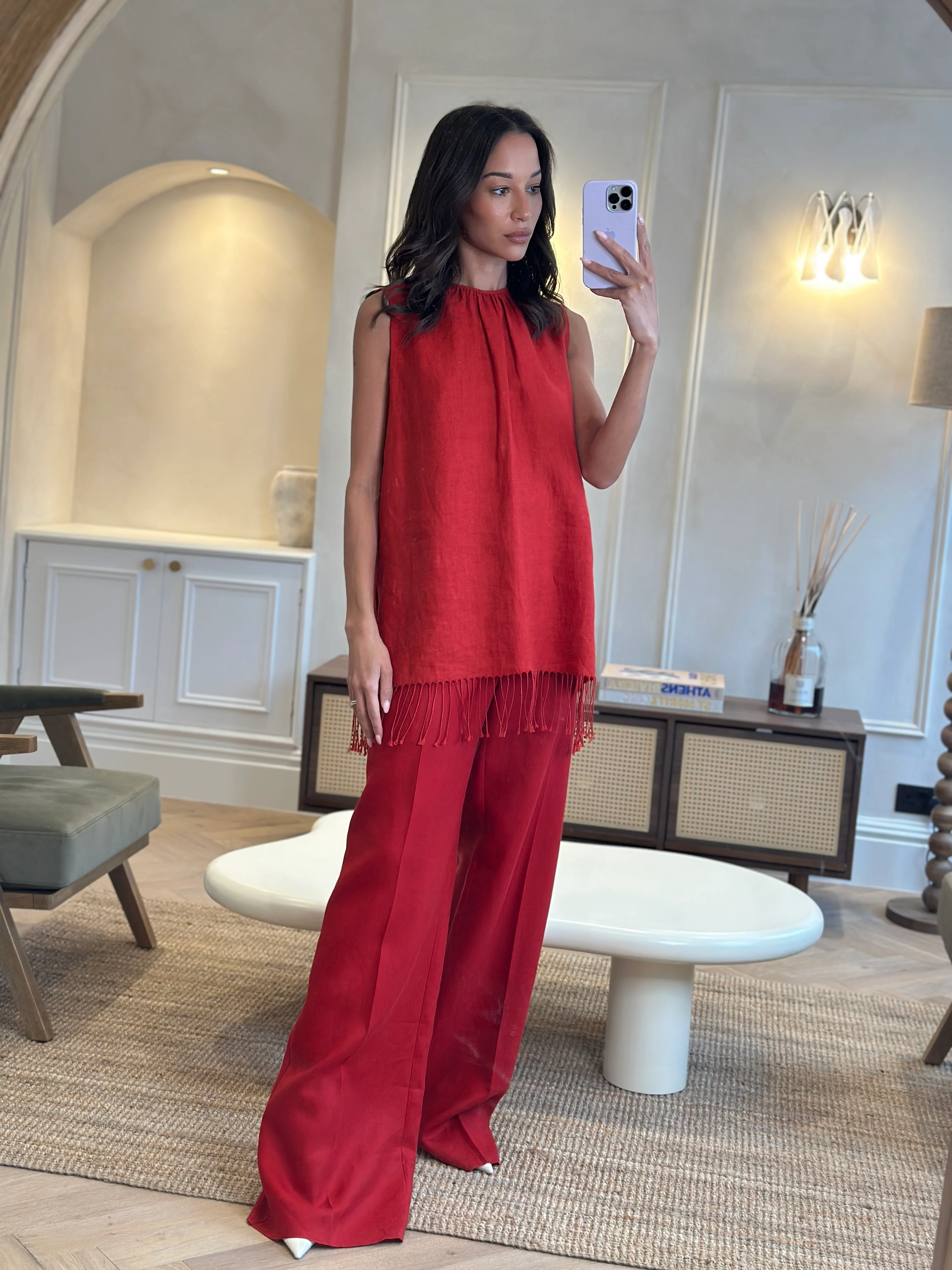 Max Mara Red Linen Sleeveless Top and Trouser Set with Fringing Size IT 48 (UK 16) - Image 7