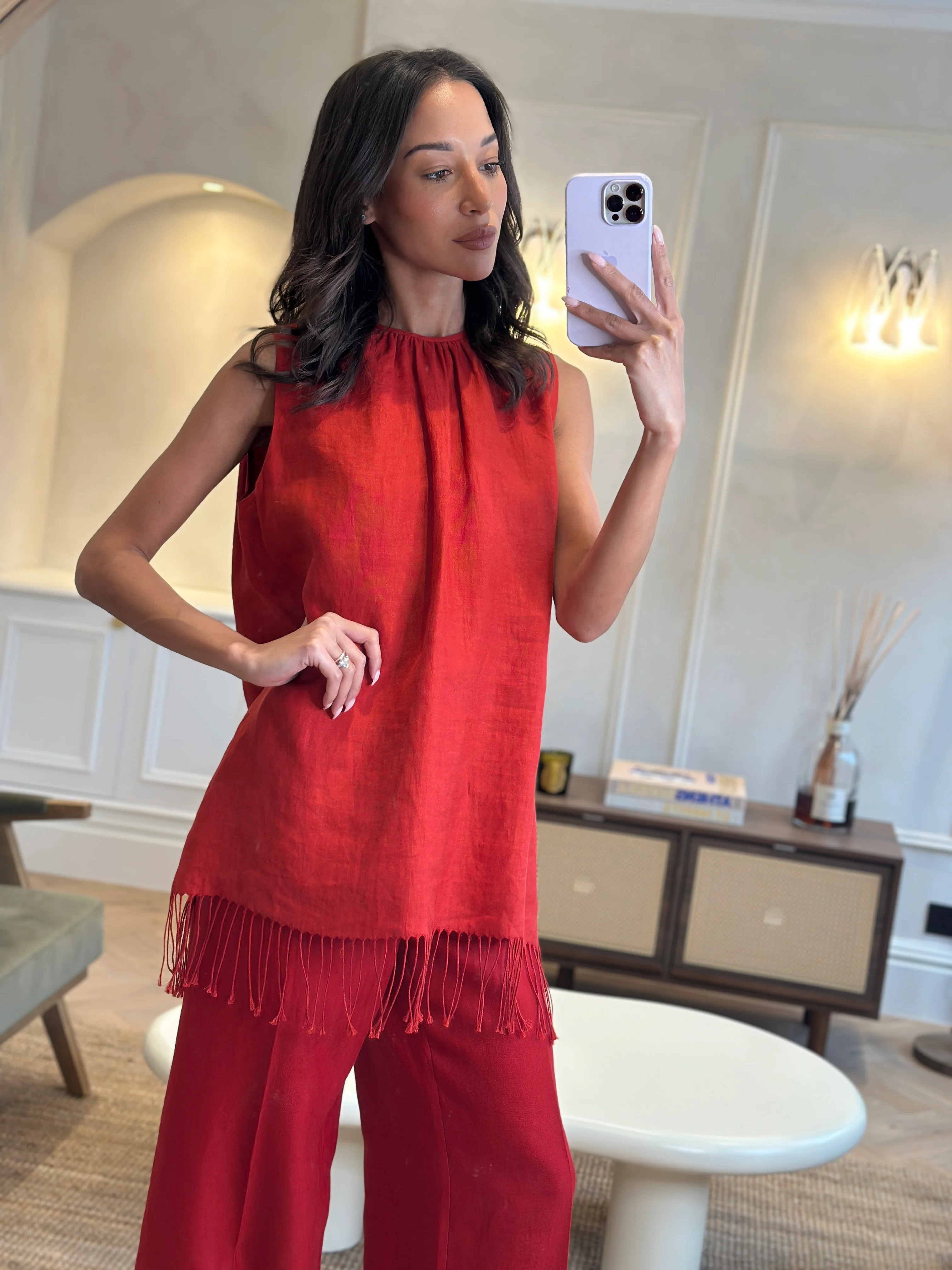 Max Mara Red Linen Sleeveless Top and Trouser Set with Fringing Size IT 48 (UK 16) - Image 8
