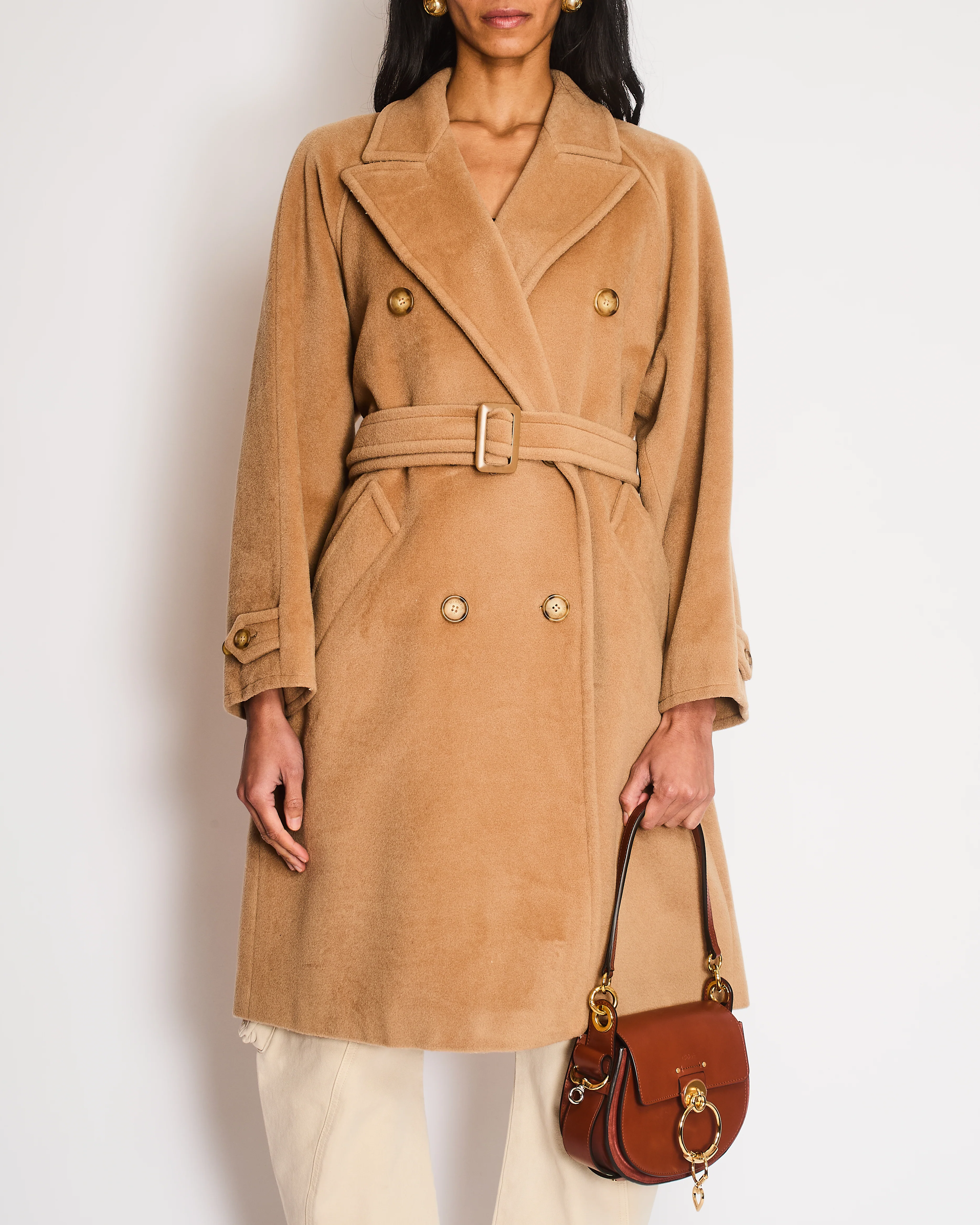 Max Mara Wool Camel Double-Breasted Belted Coat with Brown Buttons Size IT 42 (UK 10) - Image 2