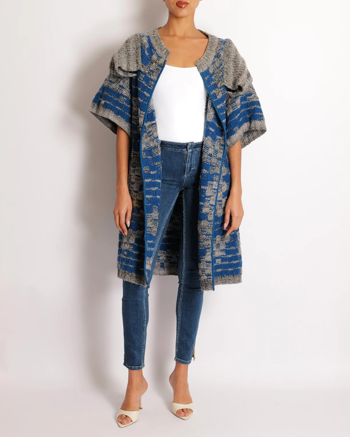 Missoni Blue and Grey Wool Long Knitted Short Sleeved Cardigan Size IT 42 (UK 10) - Image 2