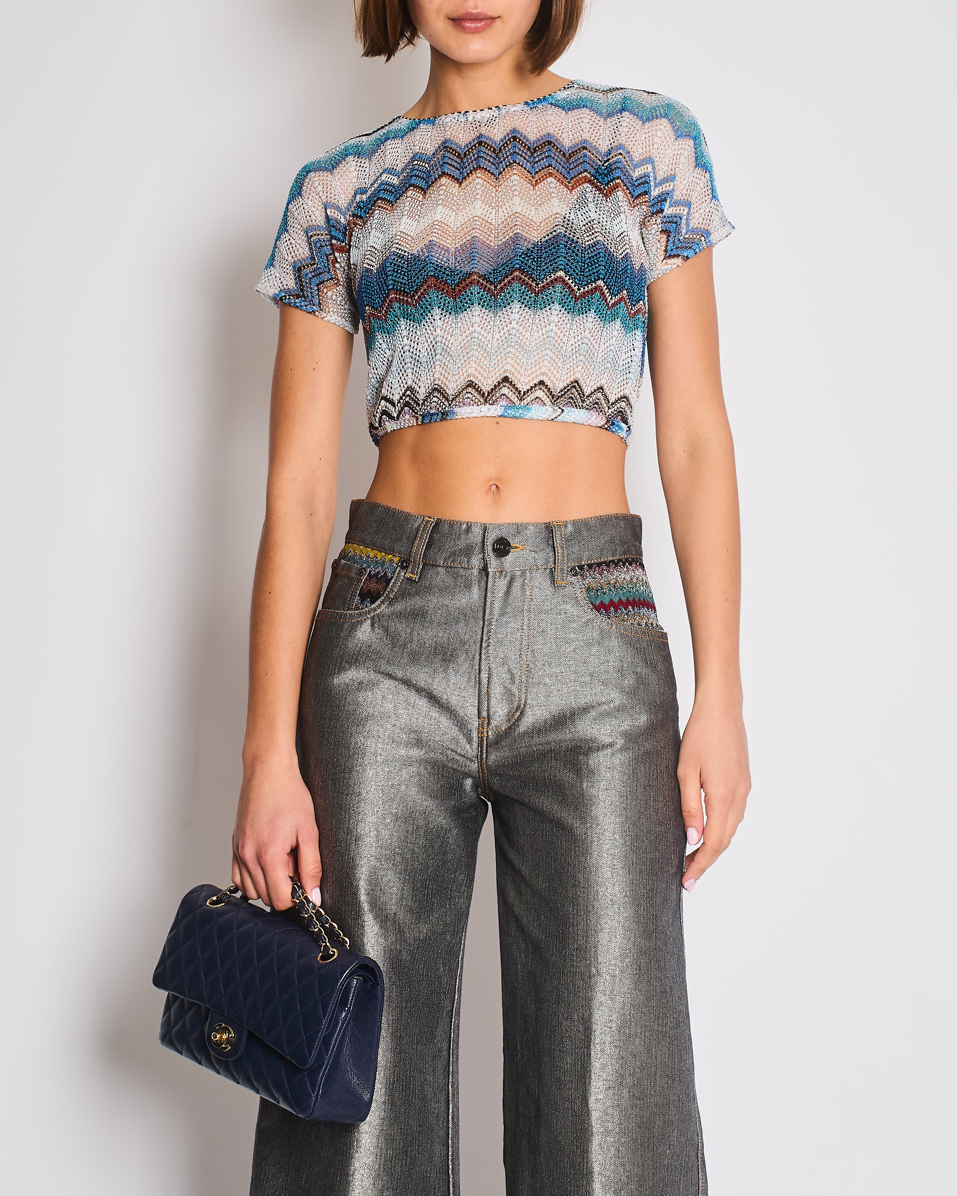 Missoni Blue & White Zig Zag Open-Knit Crop Top Size IT 38 (UK 6)