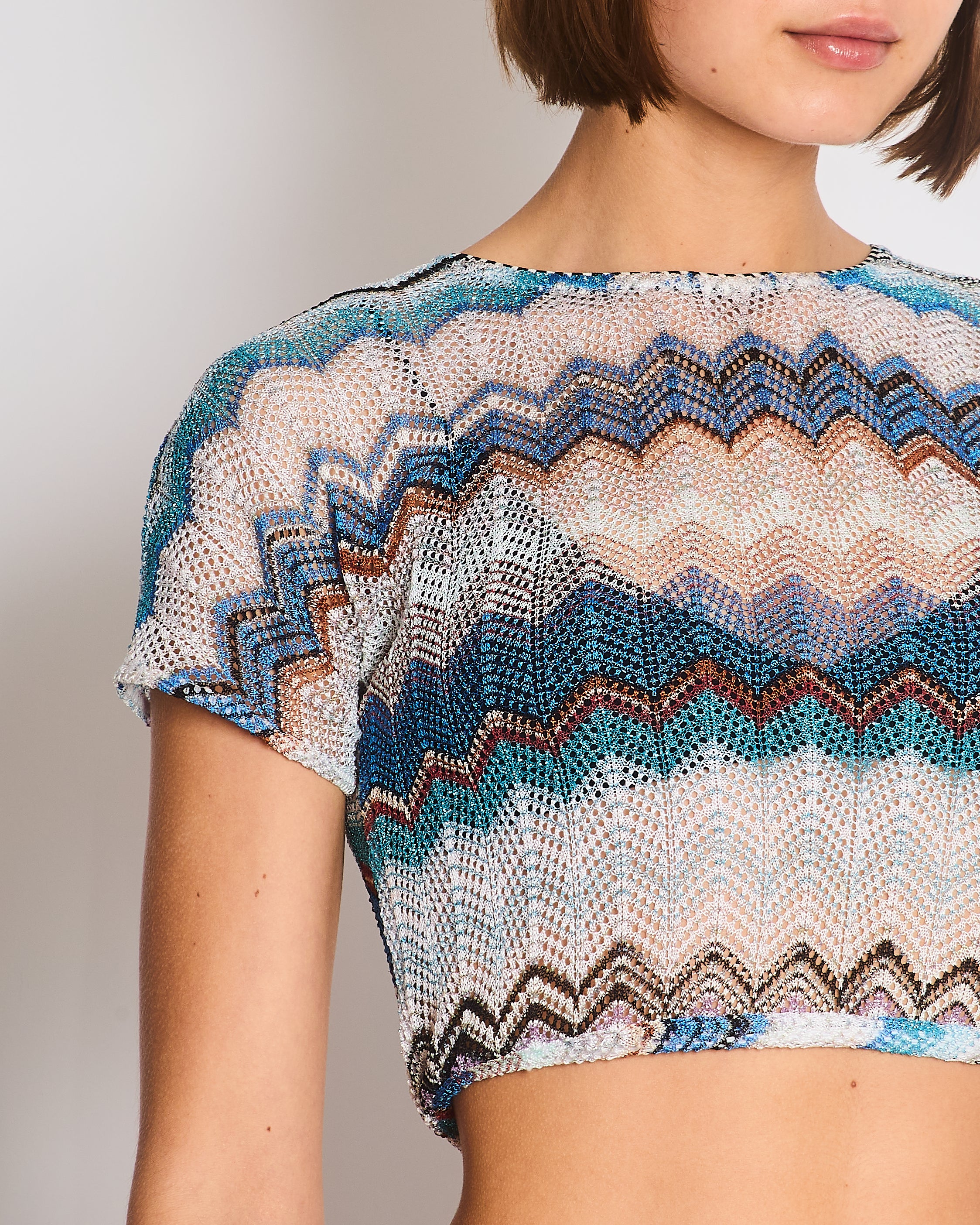 Missoni Blue & White Zig Zag Open-Knit Crop Top Size IT 38 (UK 6) - Image 4