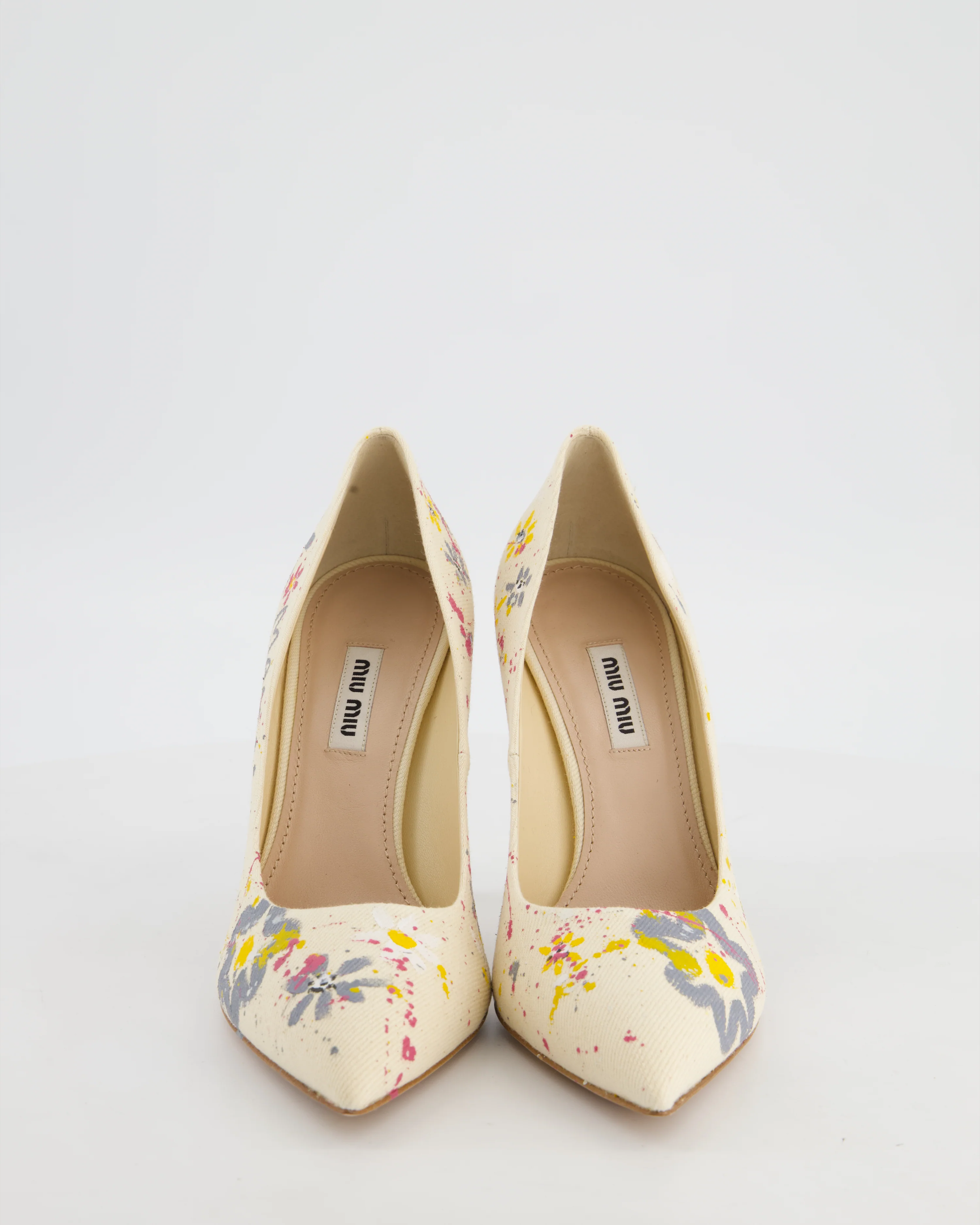 Miu Miu Beige Canvas "MAMA" Floral Paint Splatter Heels Size EU 37 - Image 3