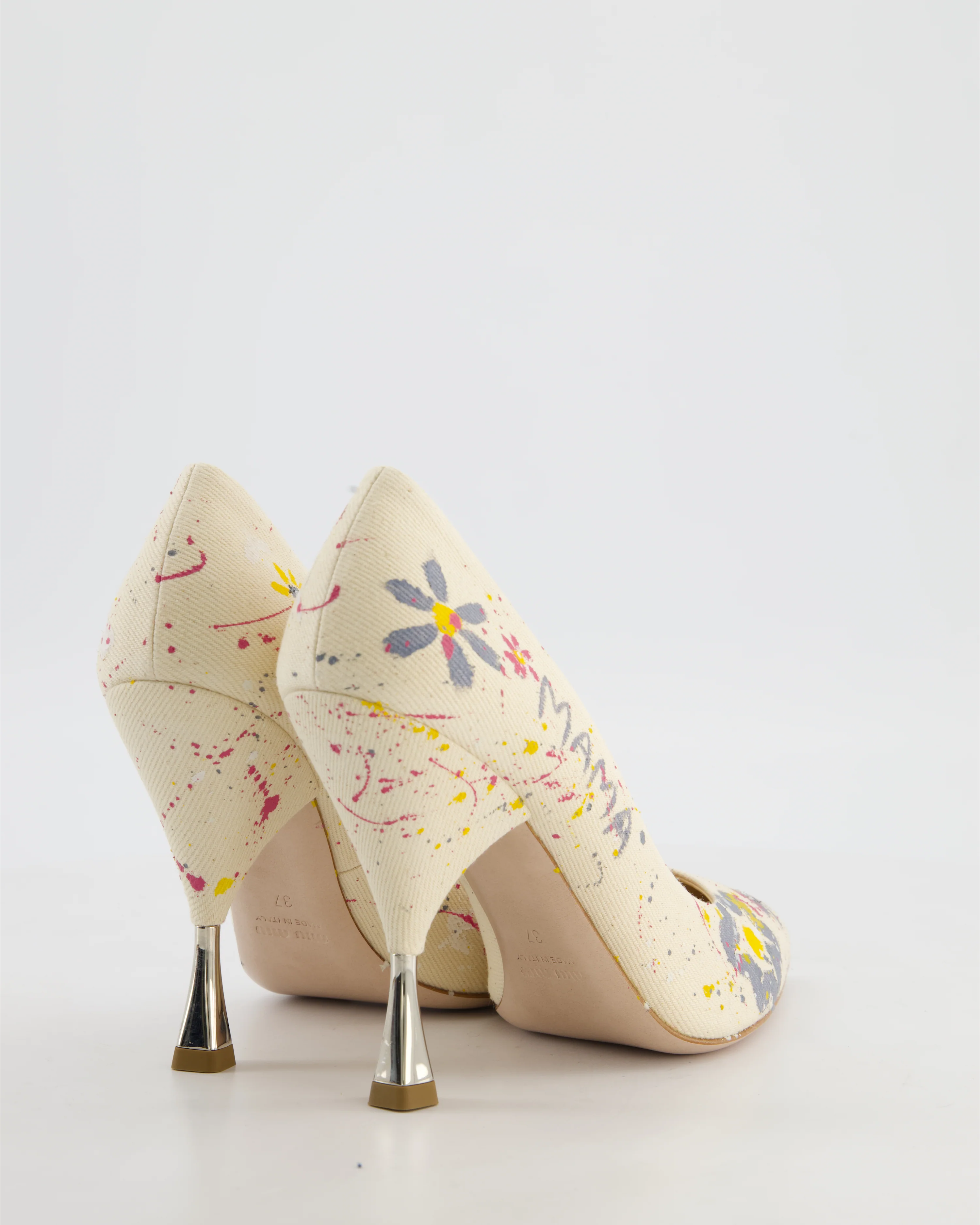 Miu Miu Beige Canvas "MAMA" Floral Paint Splatter Heels Size EU 37 - Image 4